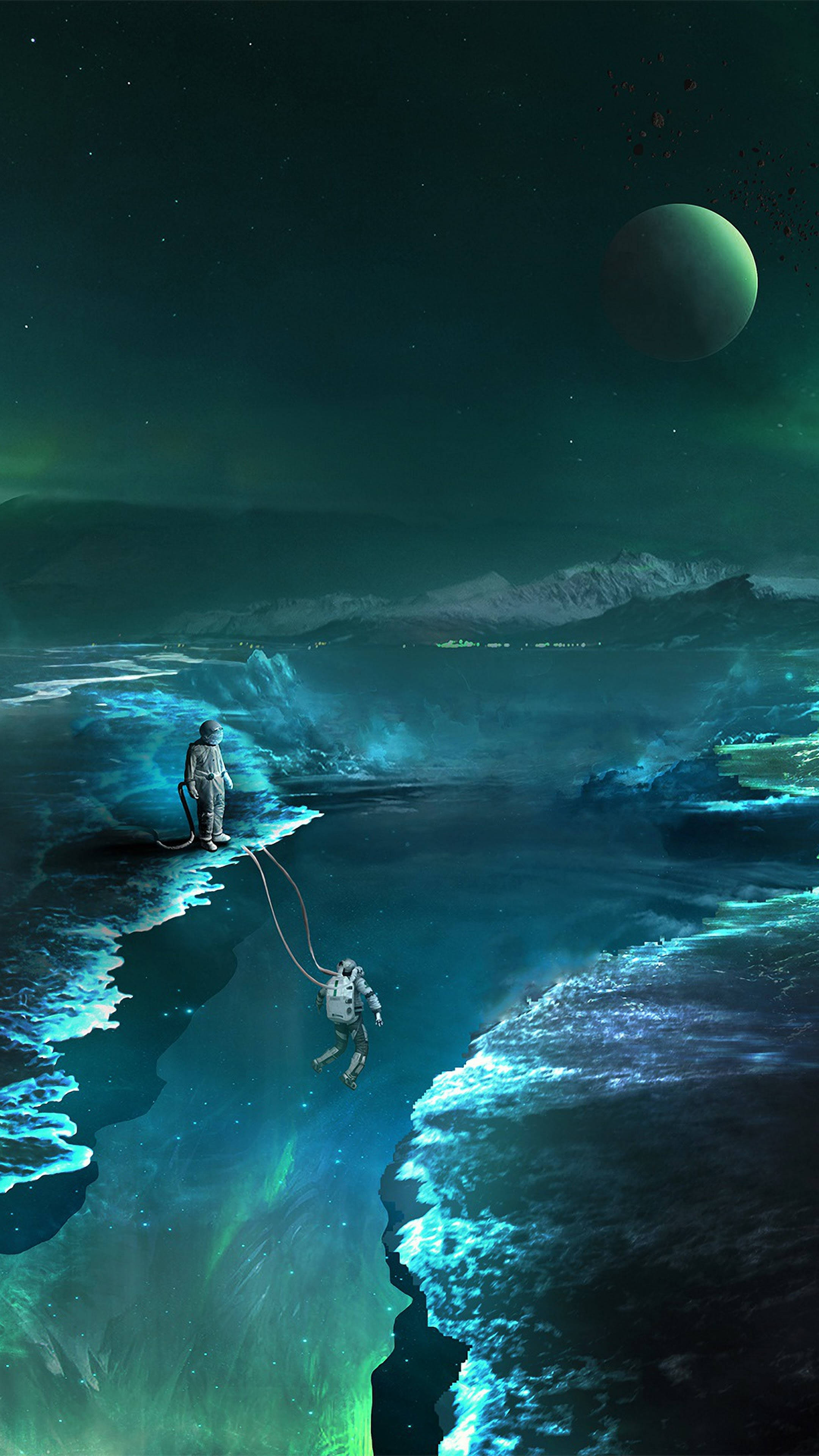 astronauts, glowing alien shore, luminous turquoise waters, 4K Phone Wallpaper