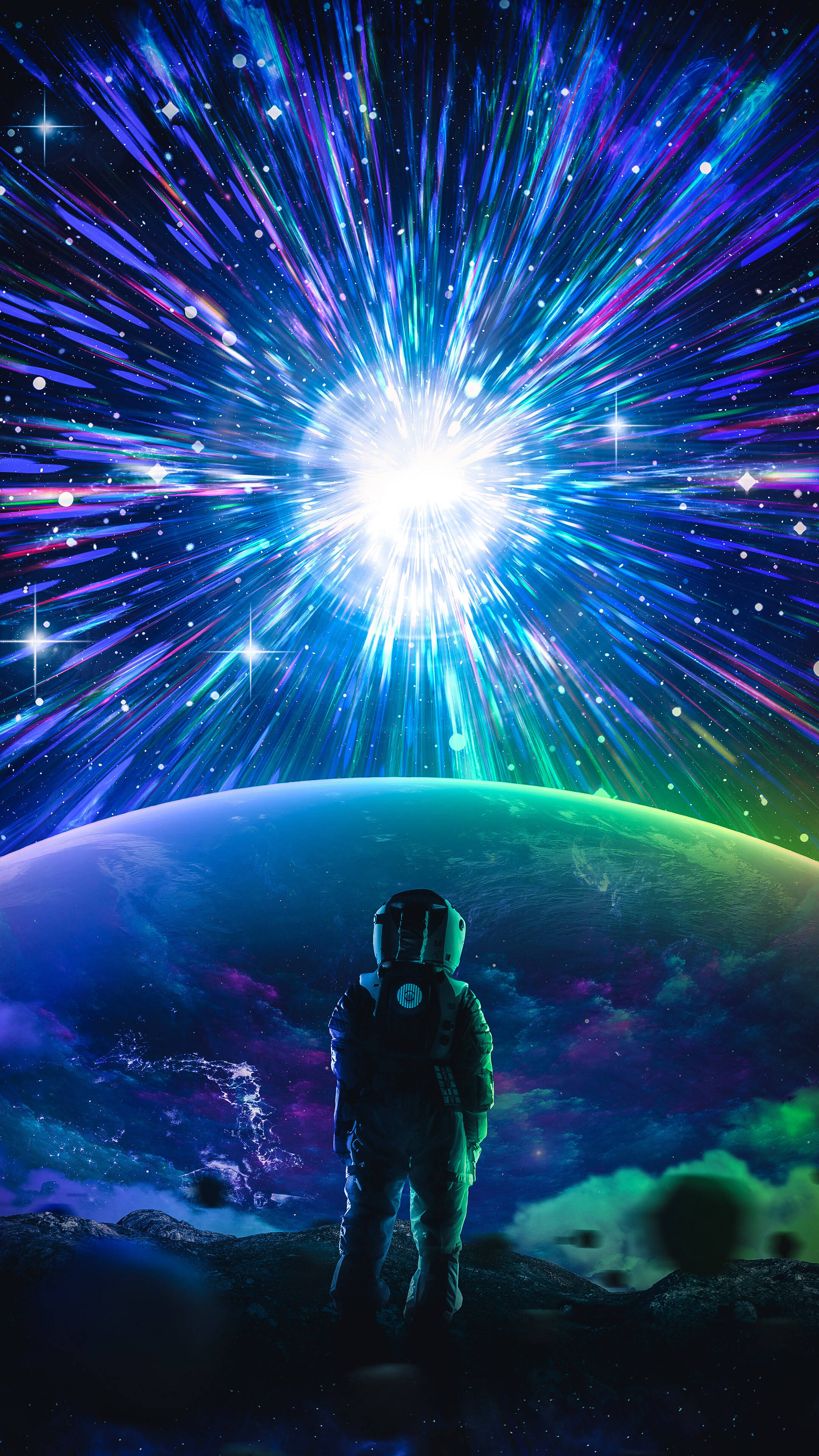 astronaut, rocky surface, radiant cosmic explosion, 4K Phone Wallpaper