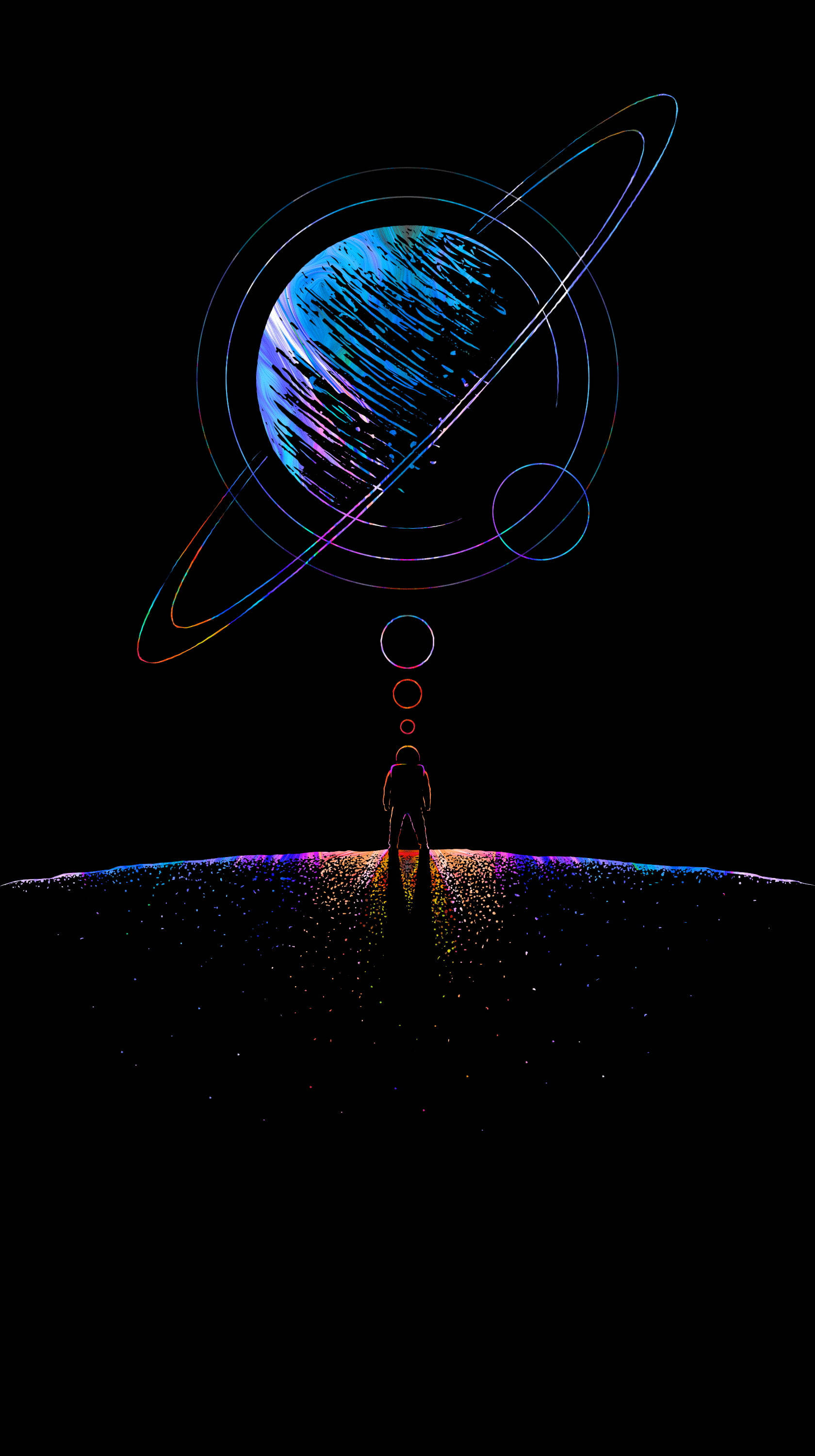 glowing planet edge, vibrant blue planet, colorful rings, 2K Phone Wallpaper