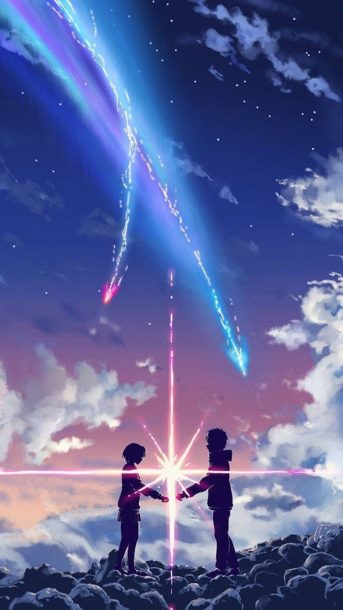 cosmic beams, starry twilight sky, rocky hilltop, SD Phone Wallpaper