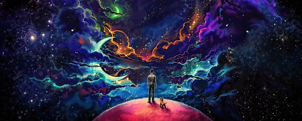 glowing planet, swirling cosmic sky, neon clouds, SD Desktop Wallpaper