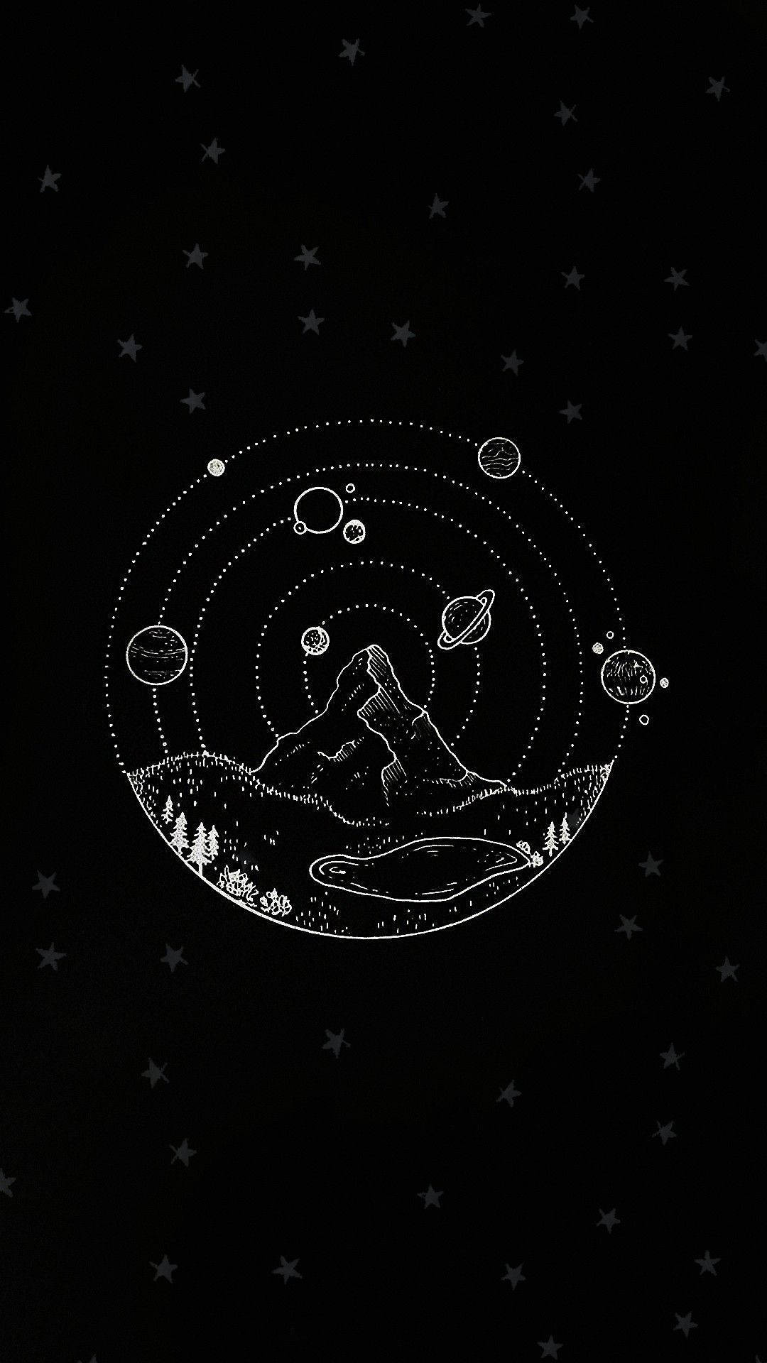 Space Aesthetic, orbiting planets, white line-art, Full HD Phone Wallpaper