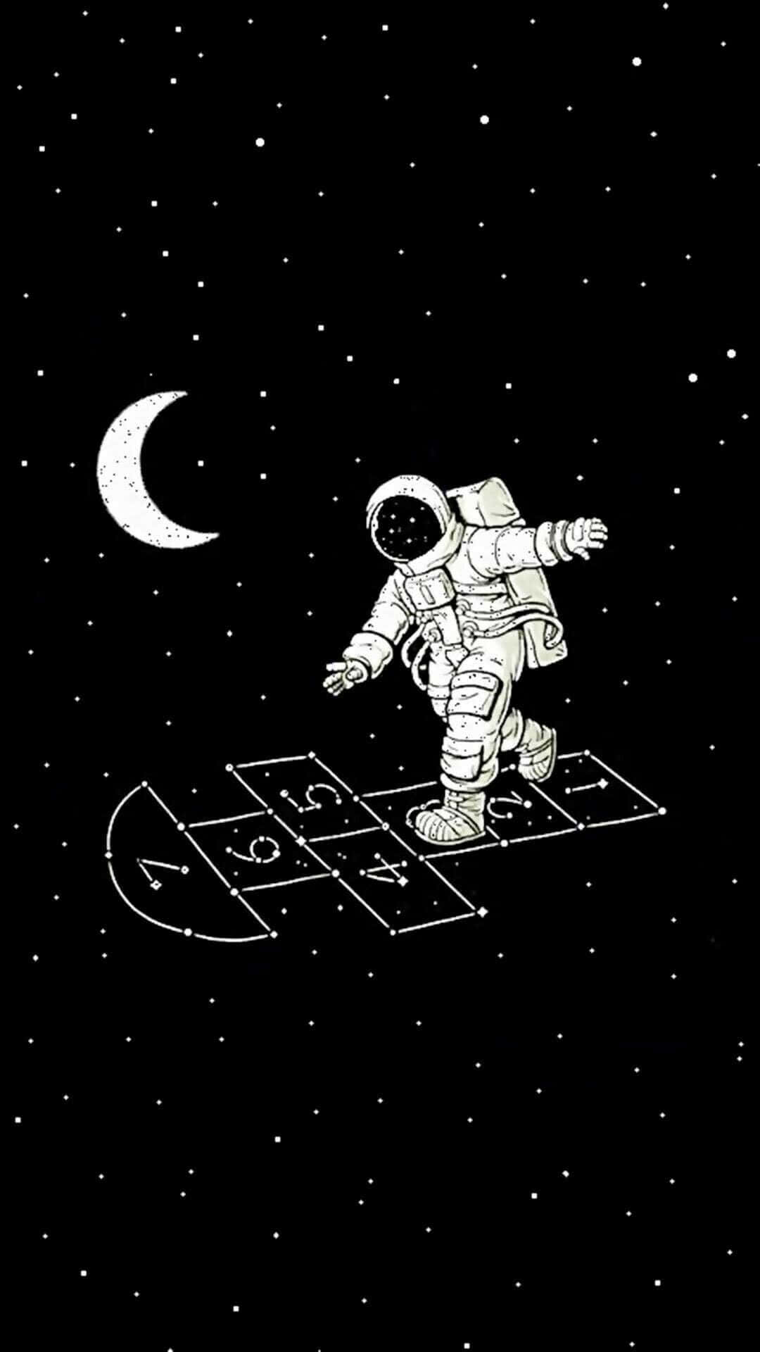 Cute Space Hop Scotch Astronaut, starfield, crescent moon, Full HD Phone Wallpaper