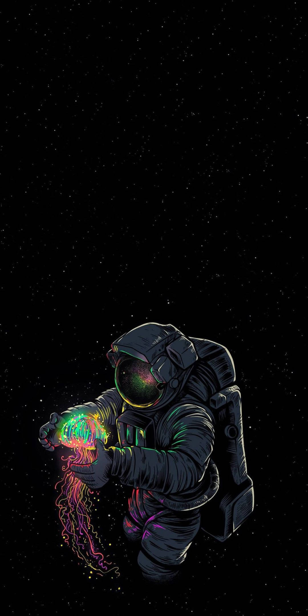 astronaut, neon jellyfish, starry void, Full HD Phone Wallpaper
