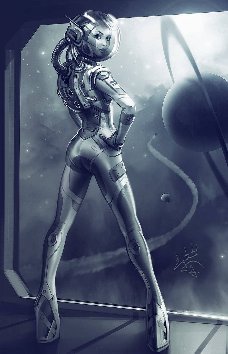 female astronaut, sleek silver suit, spaceship, SD Phone Wallpaper