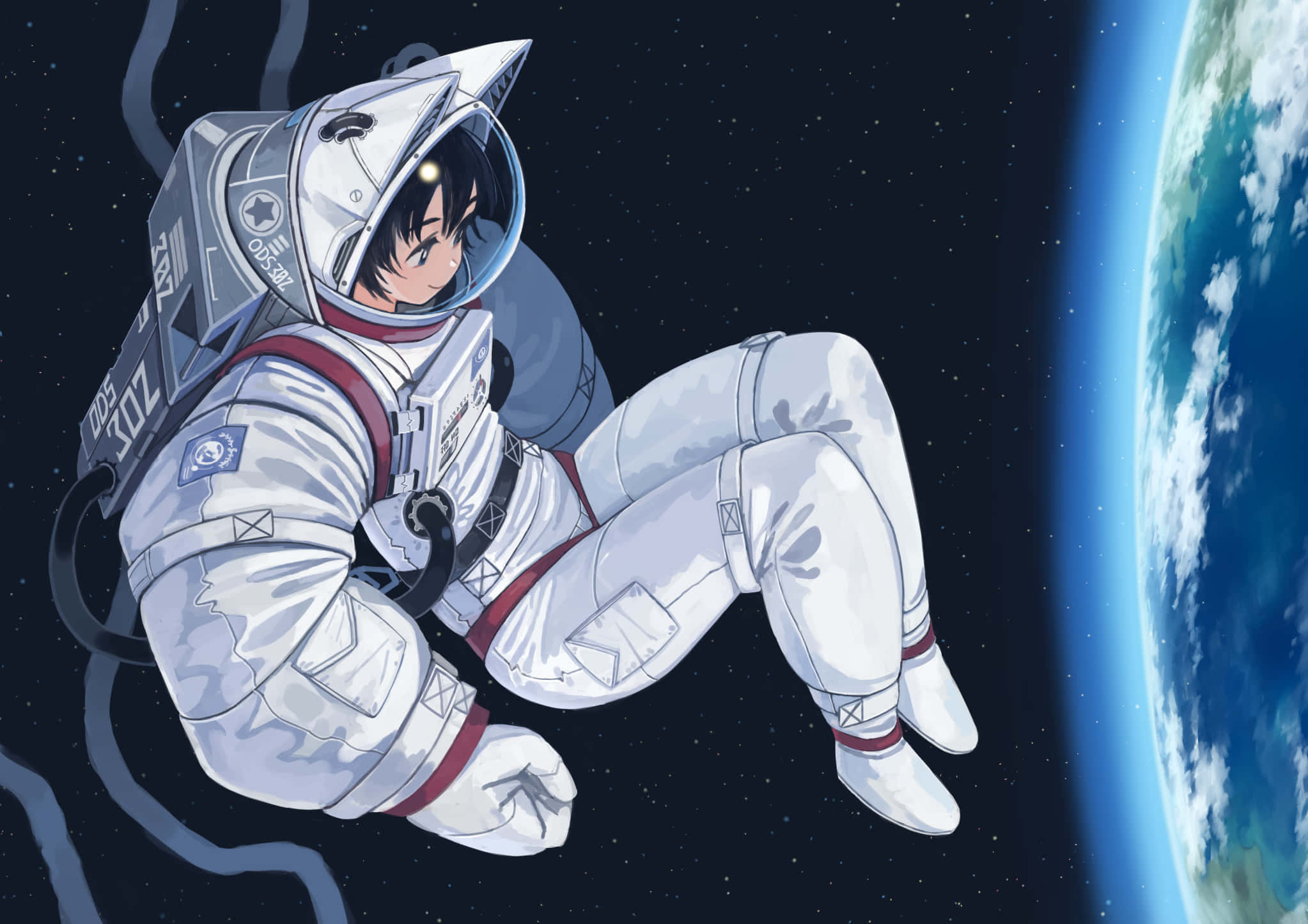 Space Anime, astronaut, Earth, Full HD Desktop Wallpaper