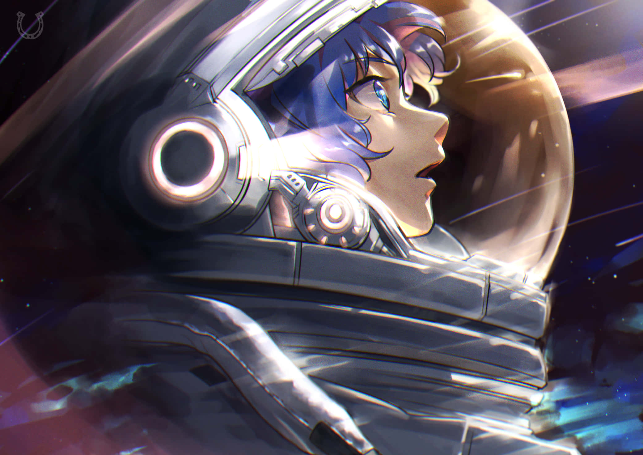 Space Anime, blue hair, helmet visor, Full HD Desktop Wallpaper