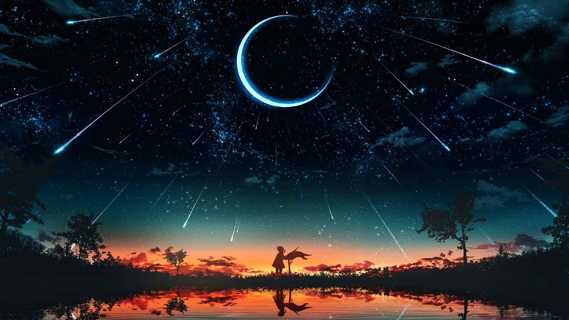 Space Anime, shooting stars, tranquil lake, Full HD Desktop Wallpaper