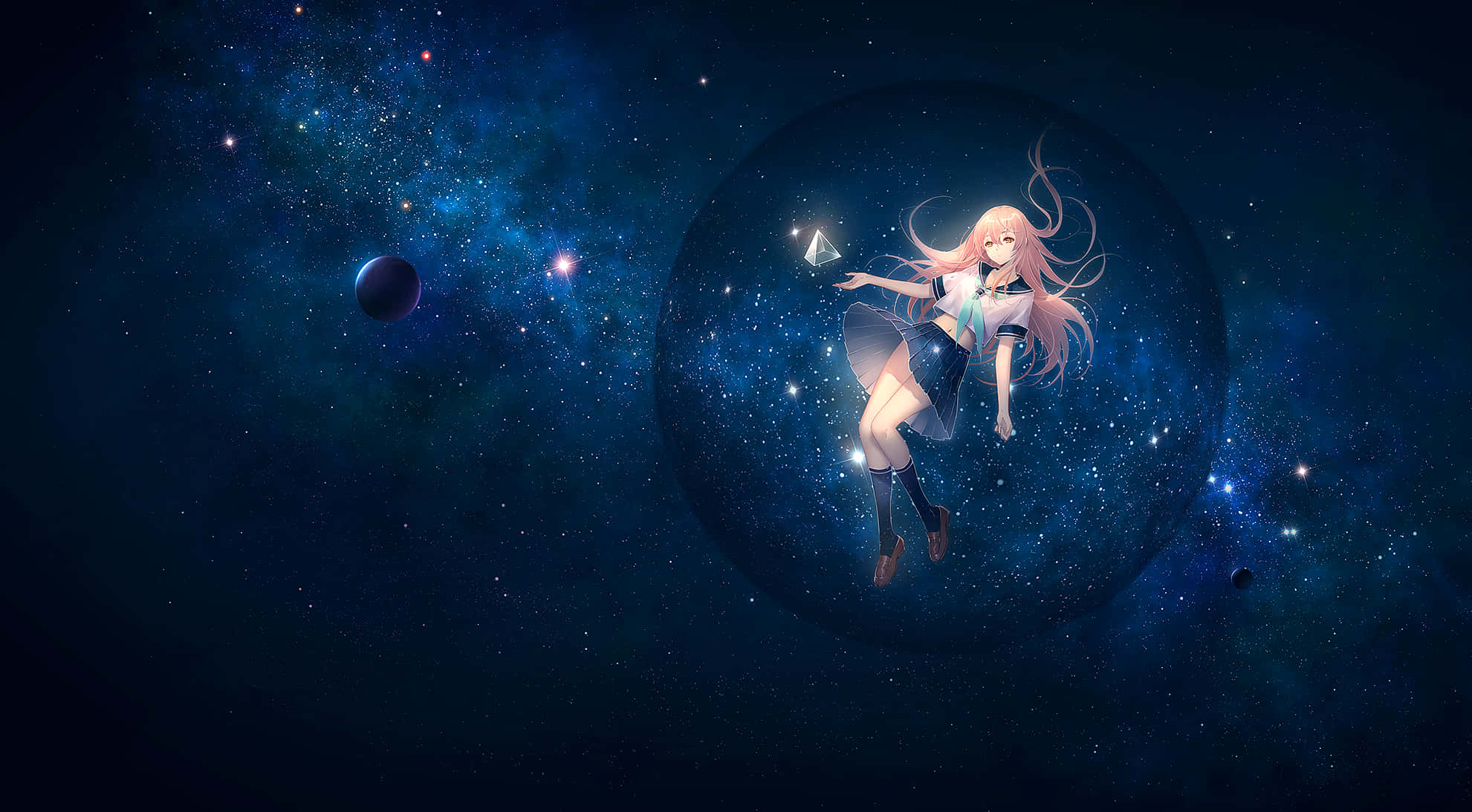 pink-haired anime girl, starry bubble, cosmic void, Full HD Desktop Wallpaper