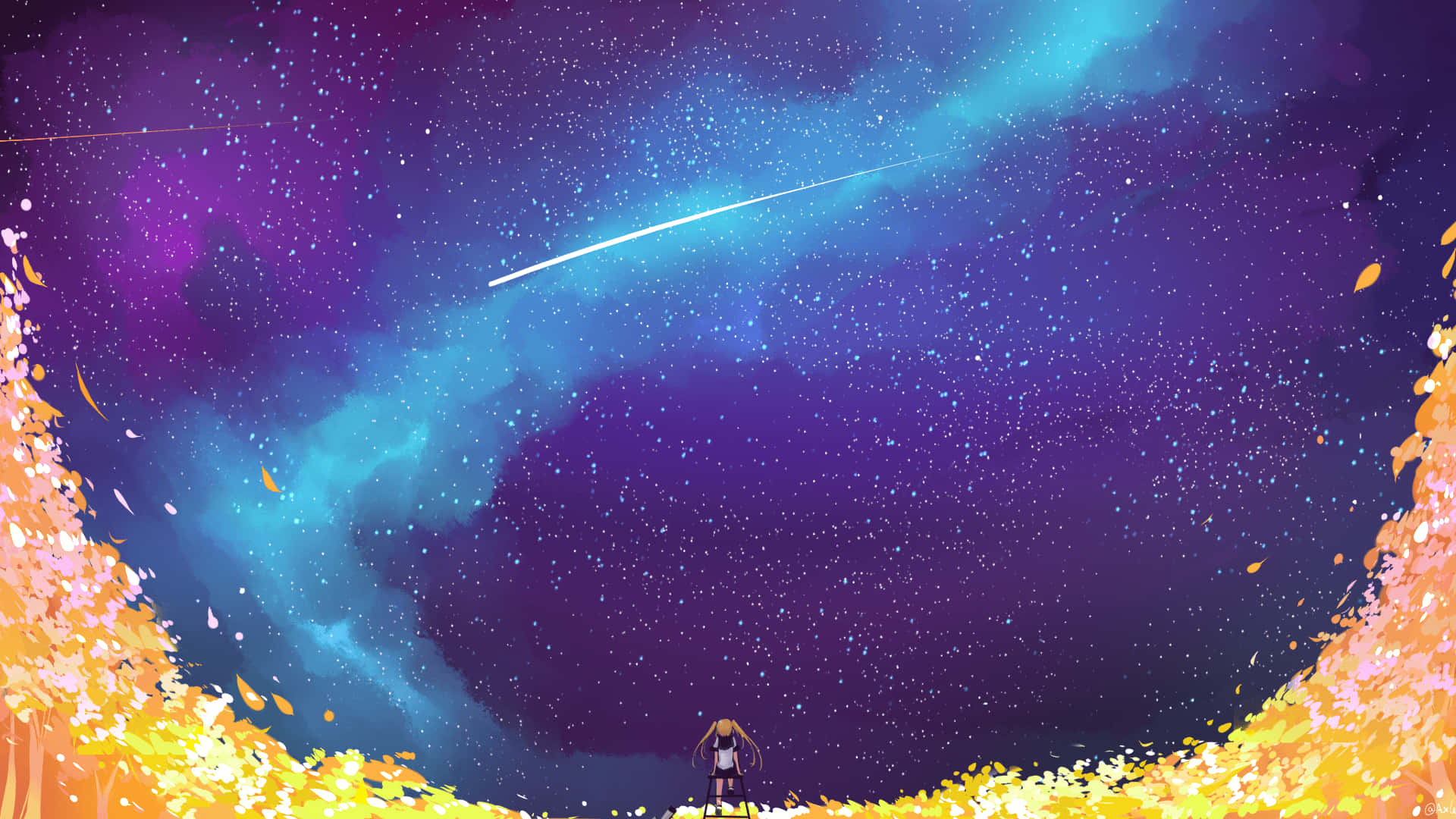 Space Anime, purple sky, teal starry sky, Full HD Desktop Wallpaper