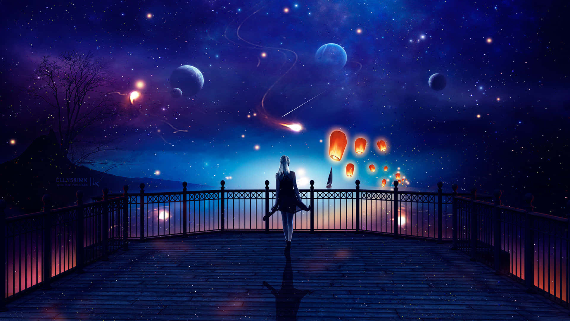 Space Anime, starry cosmic sky, floating planets, Full HD Desktop Wallpaper