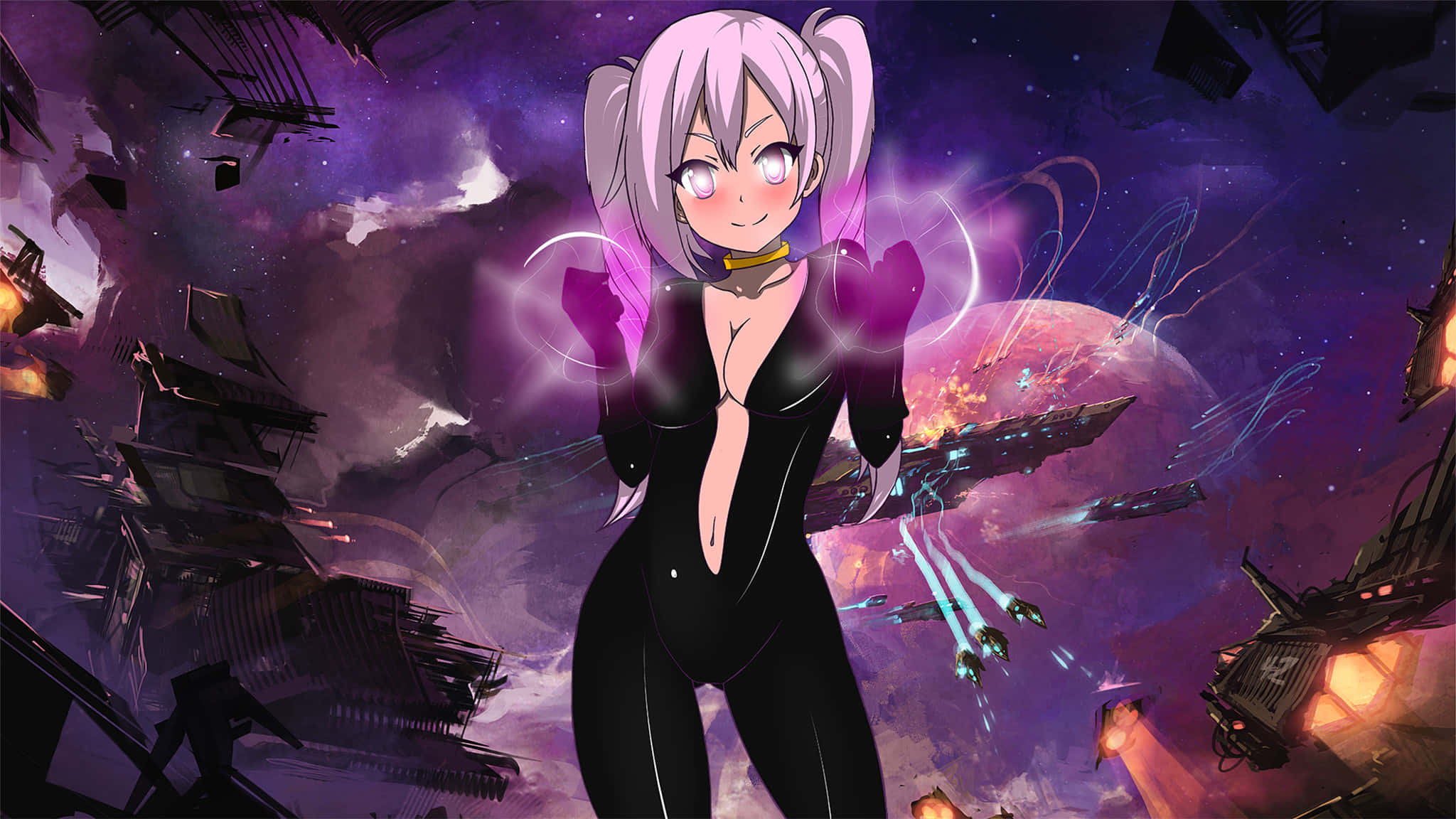 Space Anime, black suit, pink hair, Full HD Desktop Wallpaper