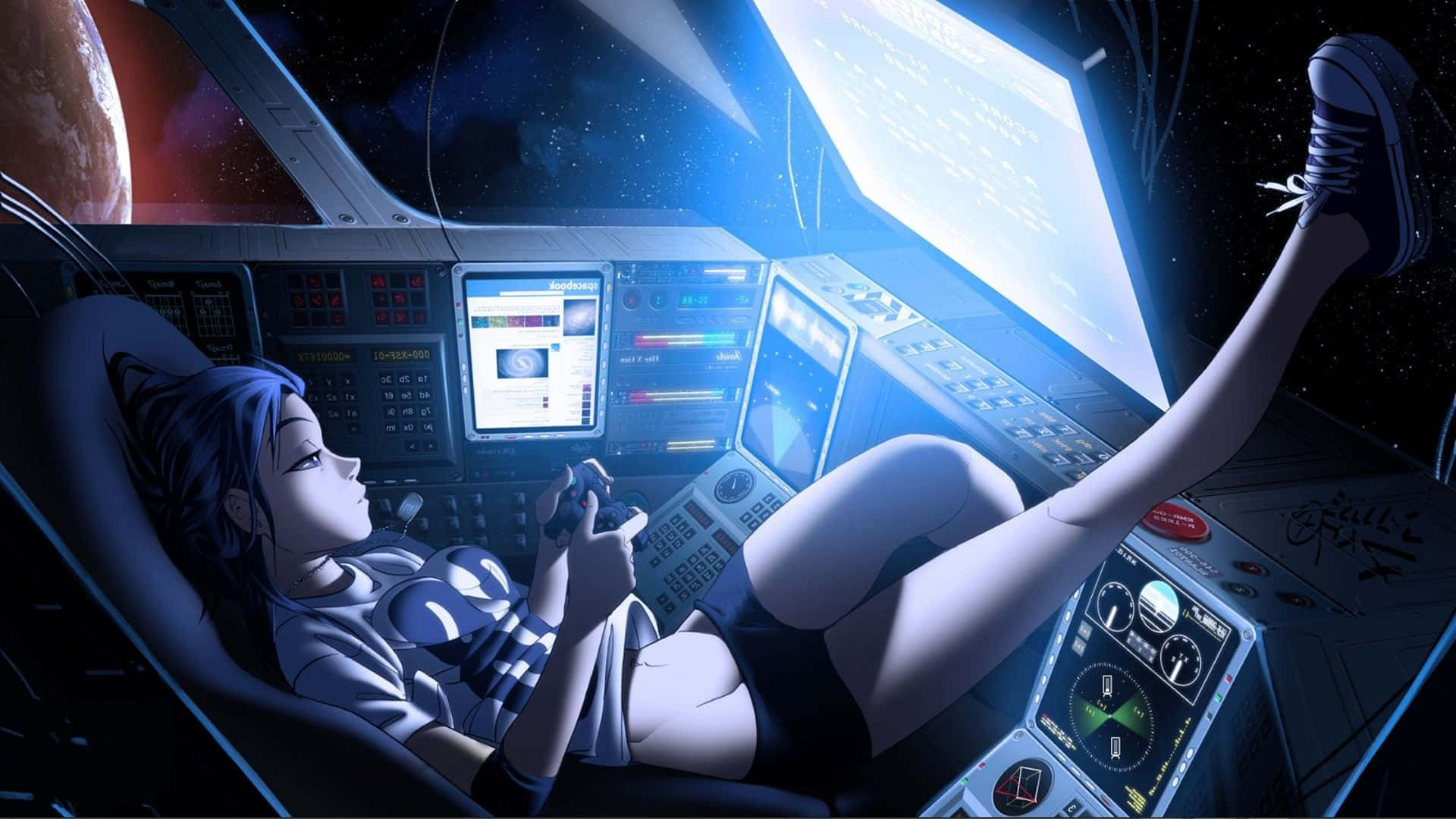 blue-haired anime girl, spaceship cockpit, glowing screens, Full HD Desktop Wallpaper