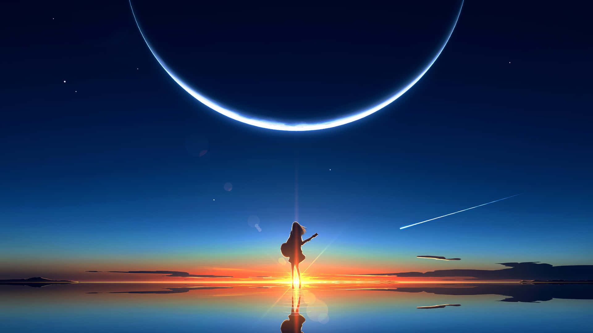 4K Anime Space, lone figure, guitar, Full HD Desktop Wallpaper