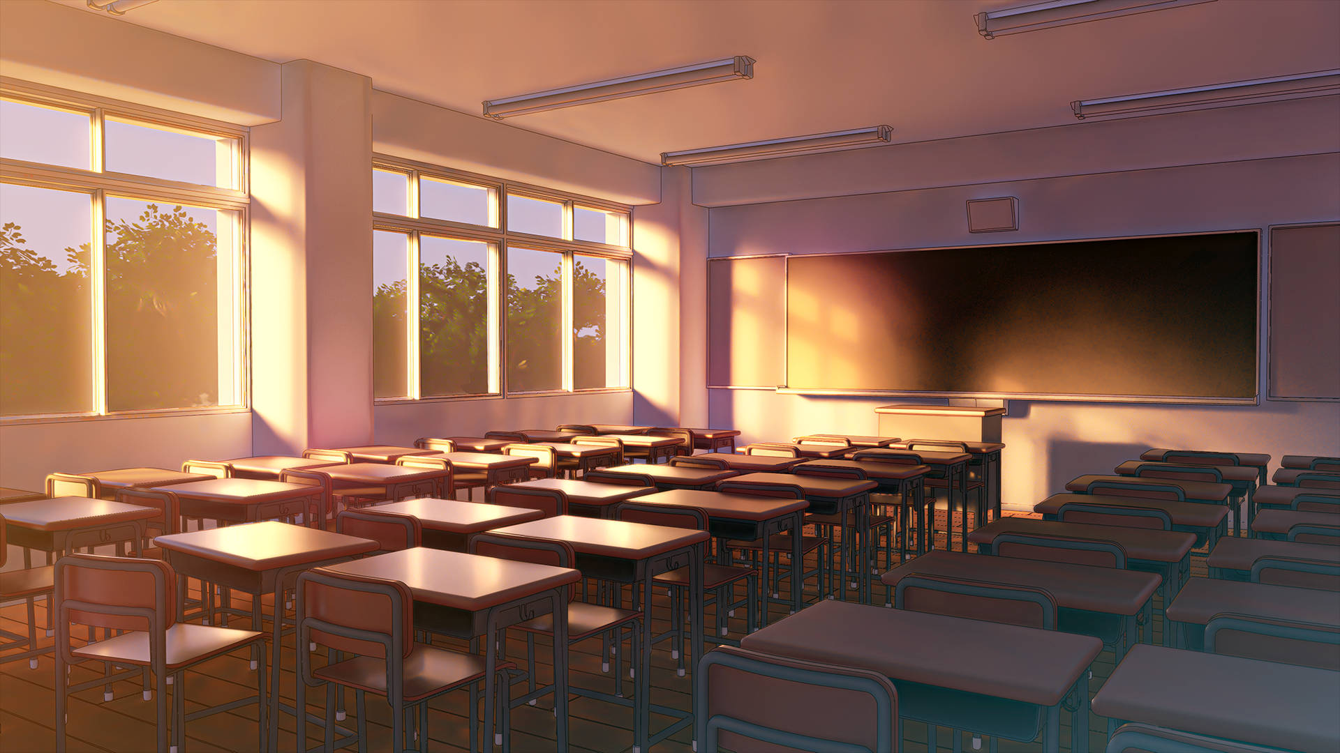 Spacey Anime Classroom, sunlight, wooden desks, Full HD Desktop Wallpaper