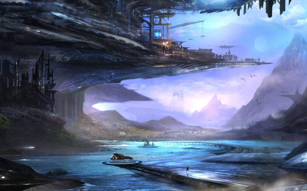 Space Planet Galaxy Anime Pc, floating platform, colossal glowing futuristic city, SD Desktop Wallpaper