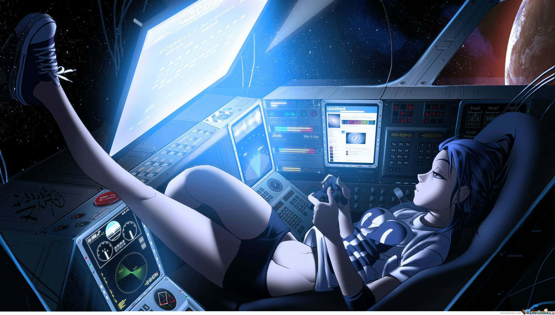 blue-haired anime girl, spaceship cockpit, gaming with controllers, Full HD Desktop Wallpaper