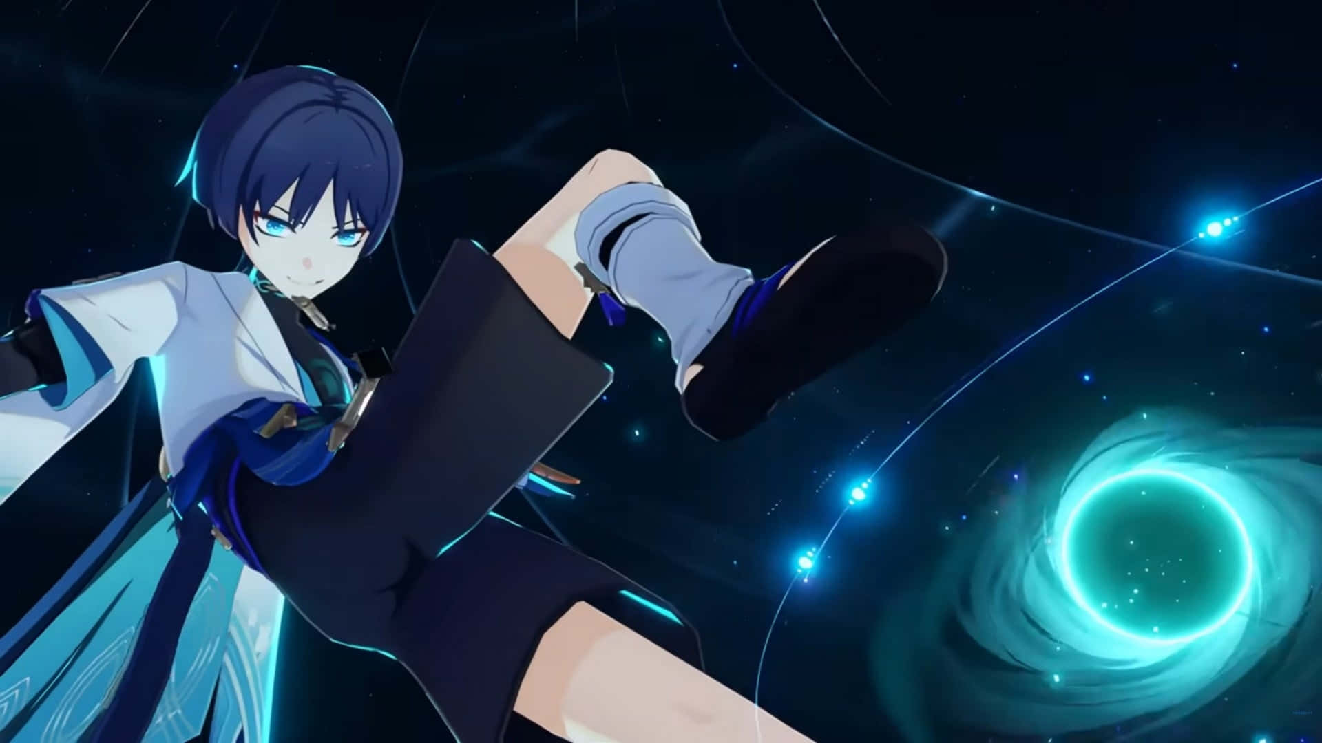 anime character, blue-eyed, white and blue outfit, Full HD Desktop Wallpaper