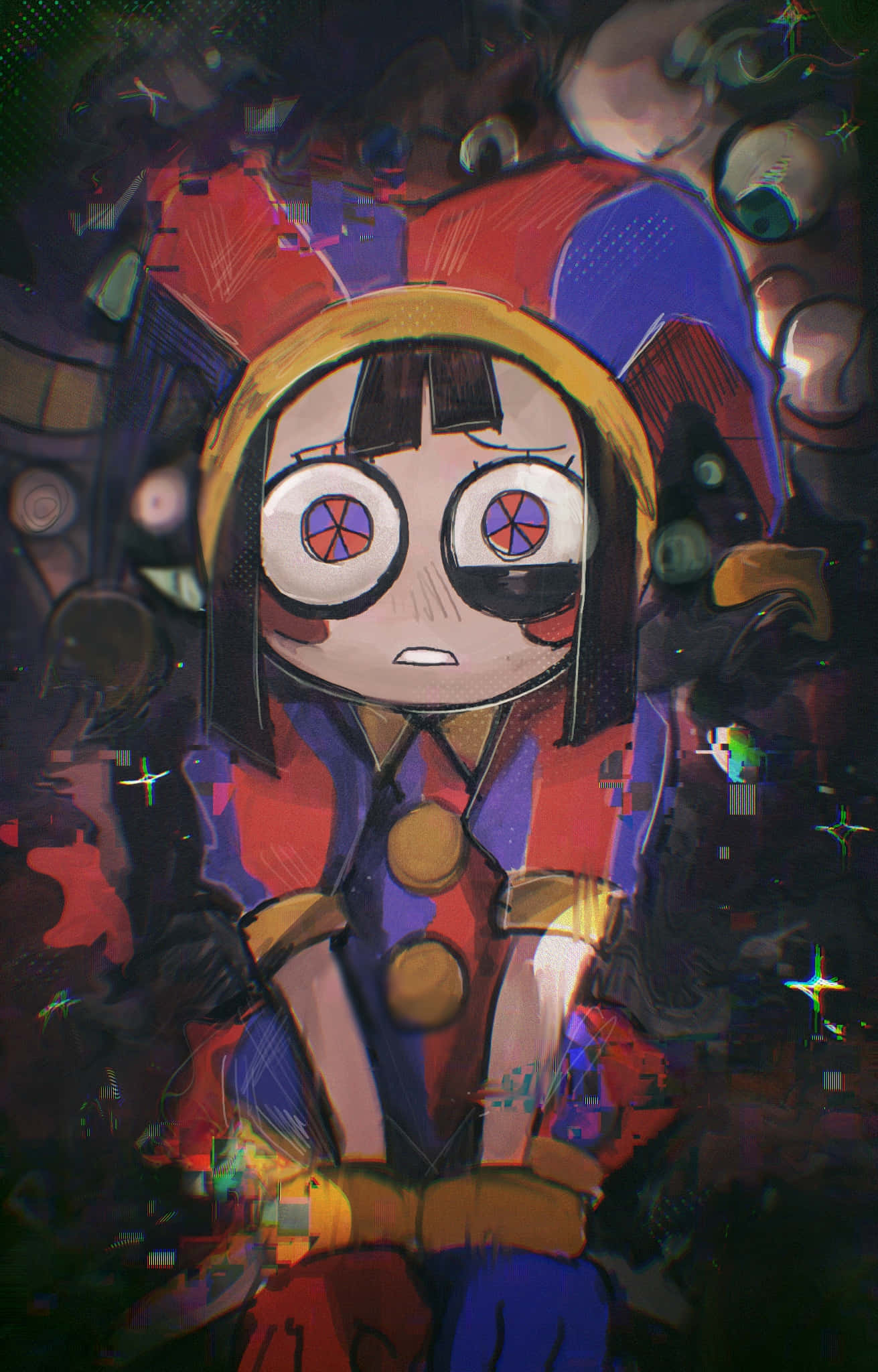 anime girl, wide eyes, jester hat, Full HD Phone Wallpaper