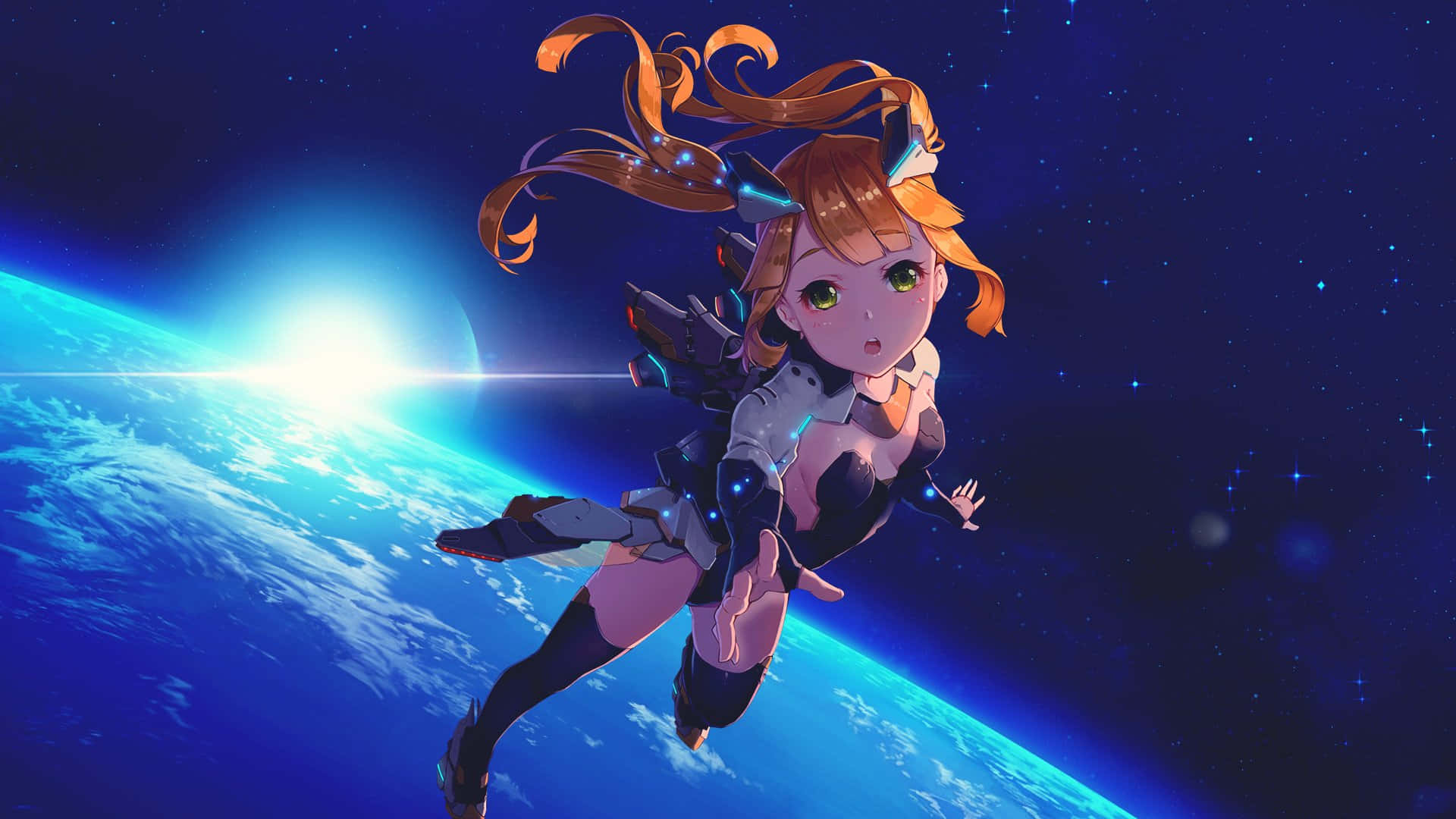Space Anime, anime girl, orange hair, Full HD Desktop Wallpaper
