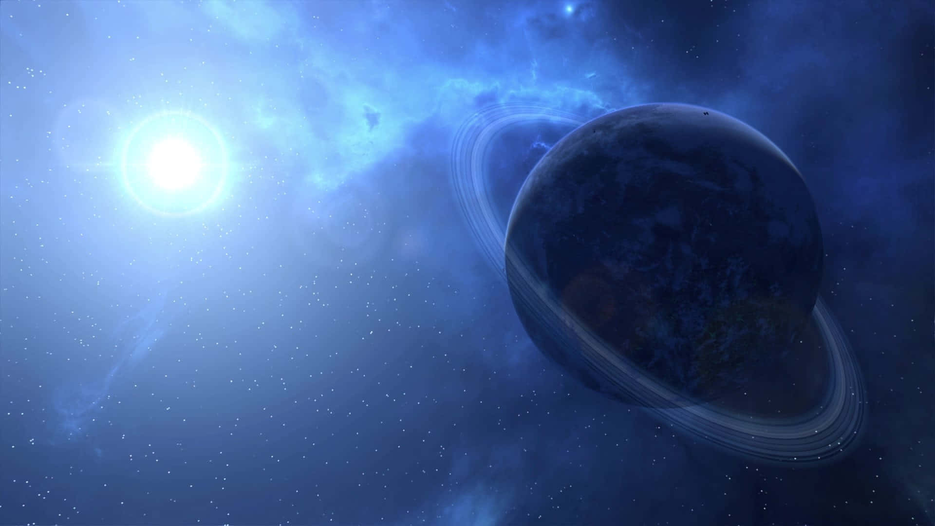 blue planet, rings, bright star, Full HD Desktop Wallpaper