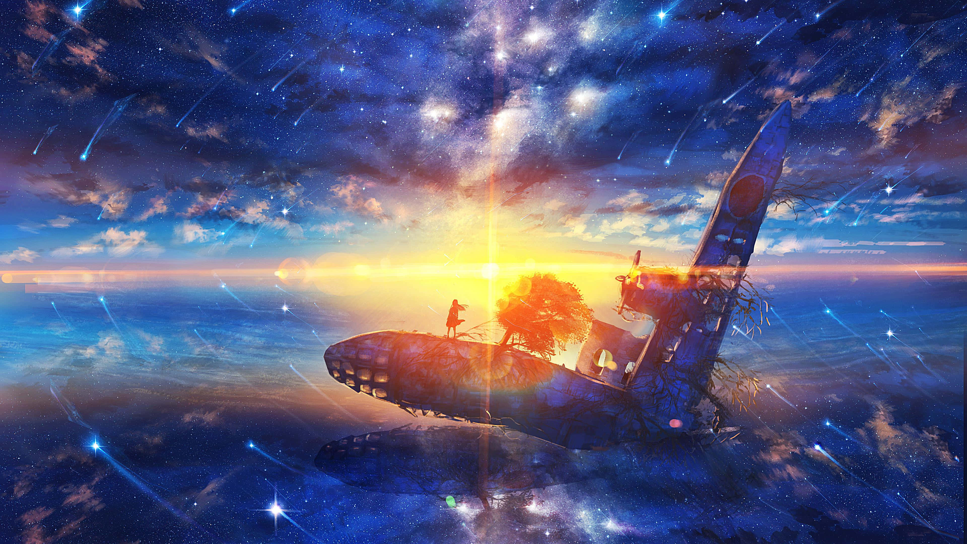 anime space, crashed airplane, starry sky, 4K Desktop Wallpaper