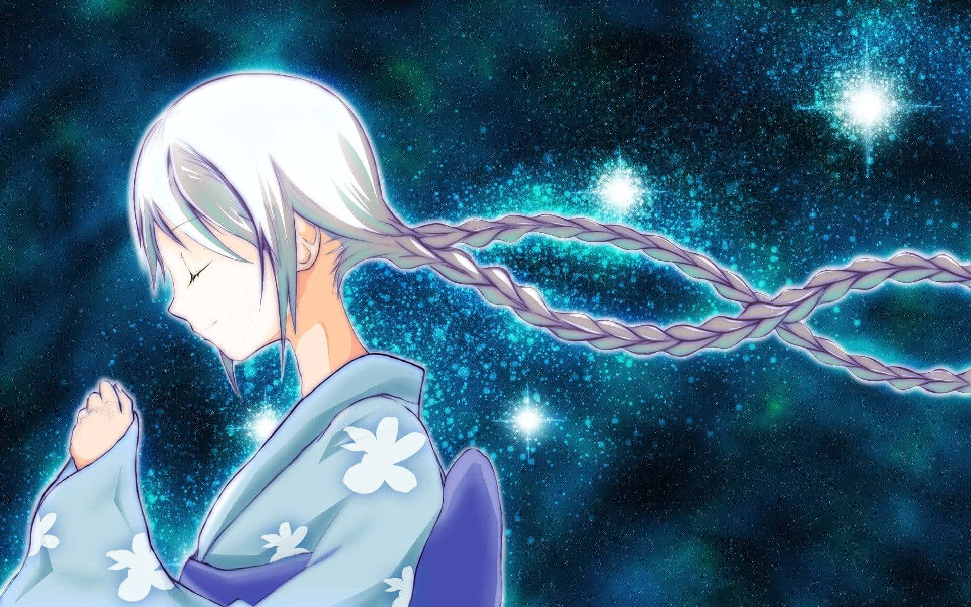 space anime girl, kimono, braided silver hair, Full HD Desktop Wallpaper