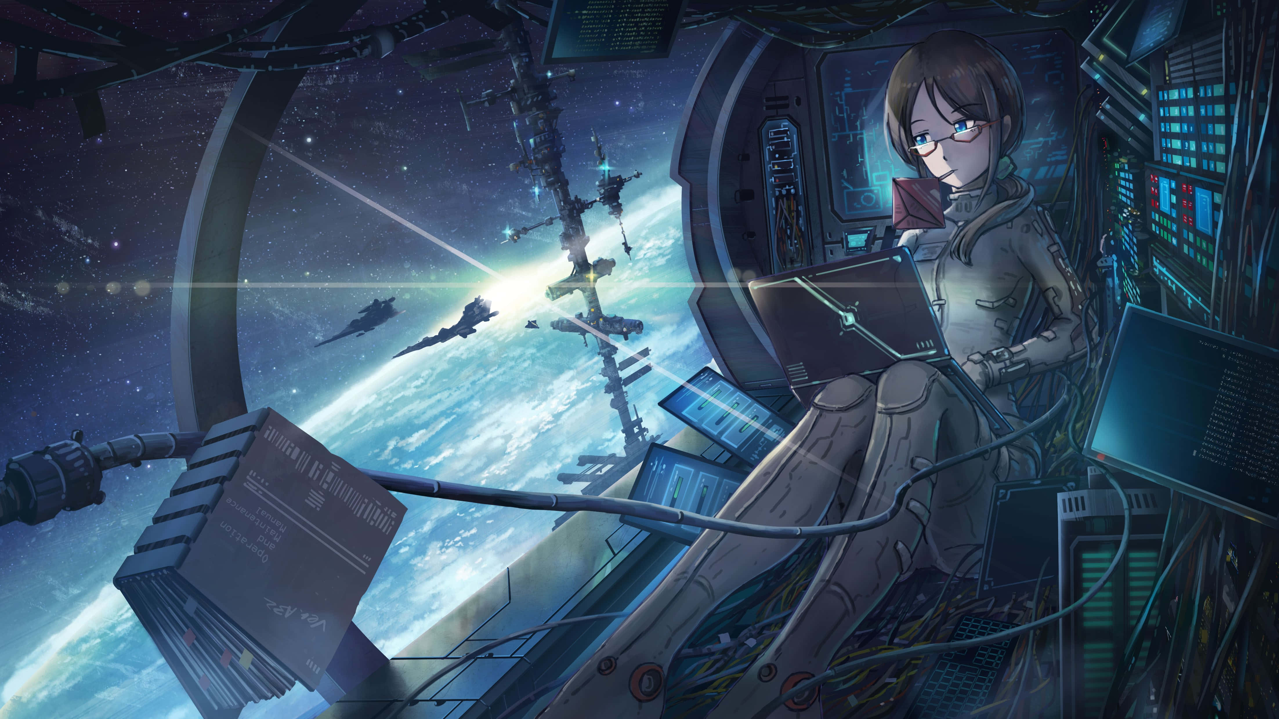 4K anime, space station cockpit, Earth, 4K Desktop Wallpaper