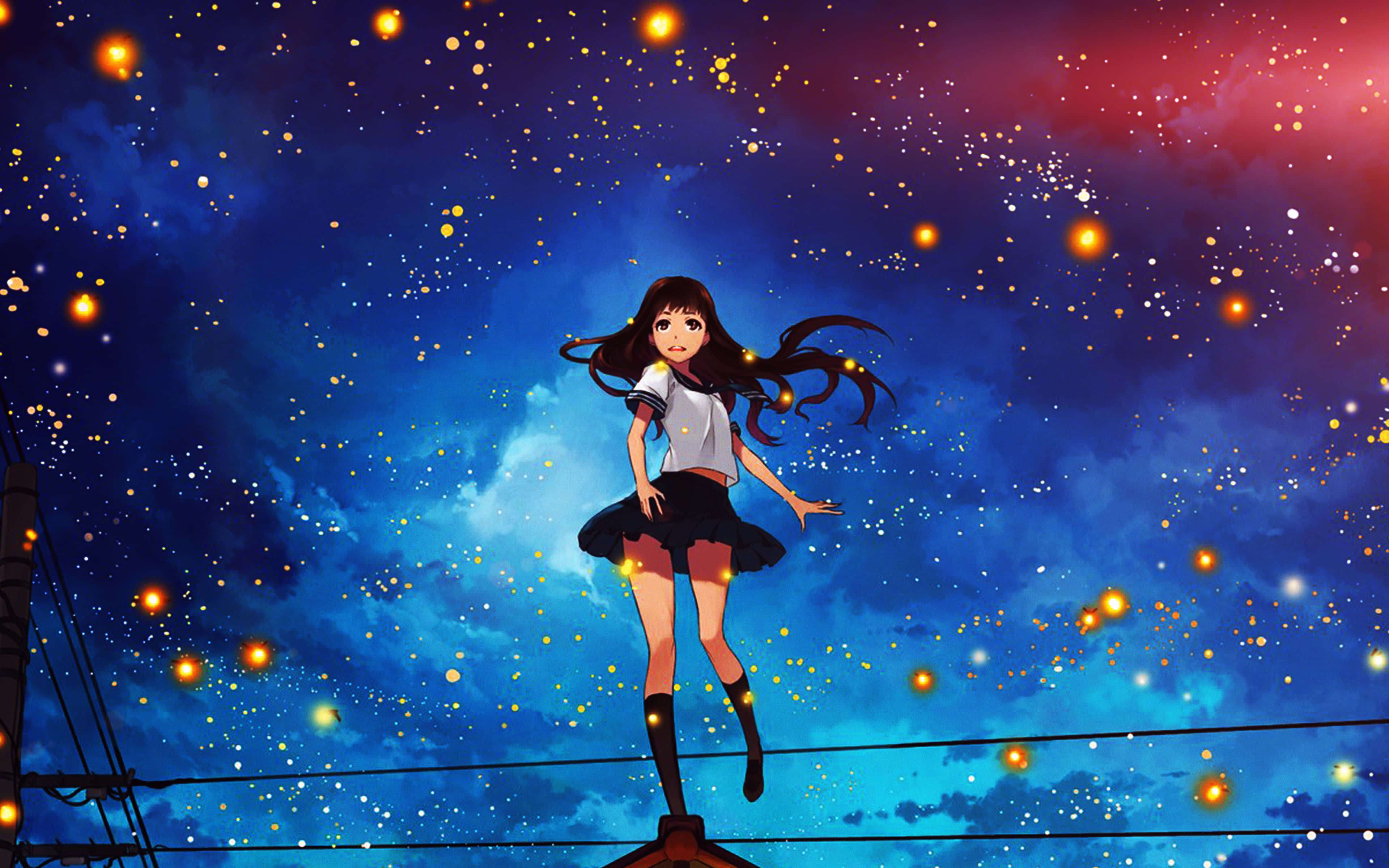 4K Anime Space, school uniform, glowing stars, 4K Desktop Wallpaper