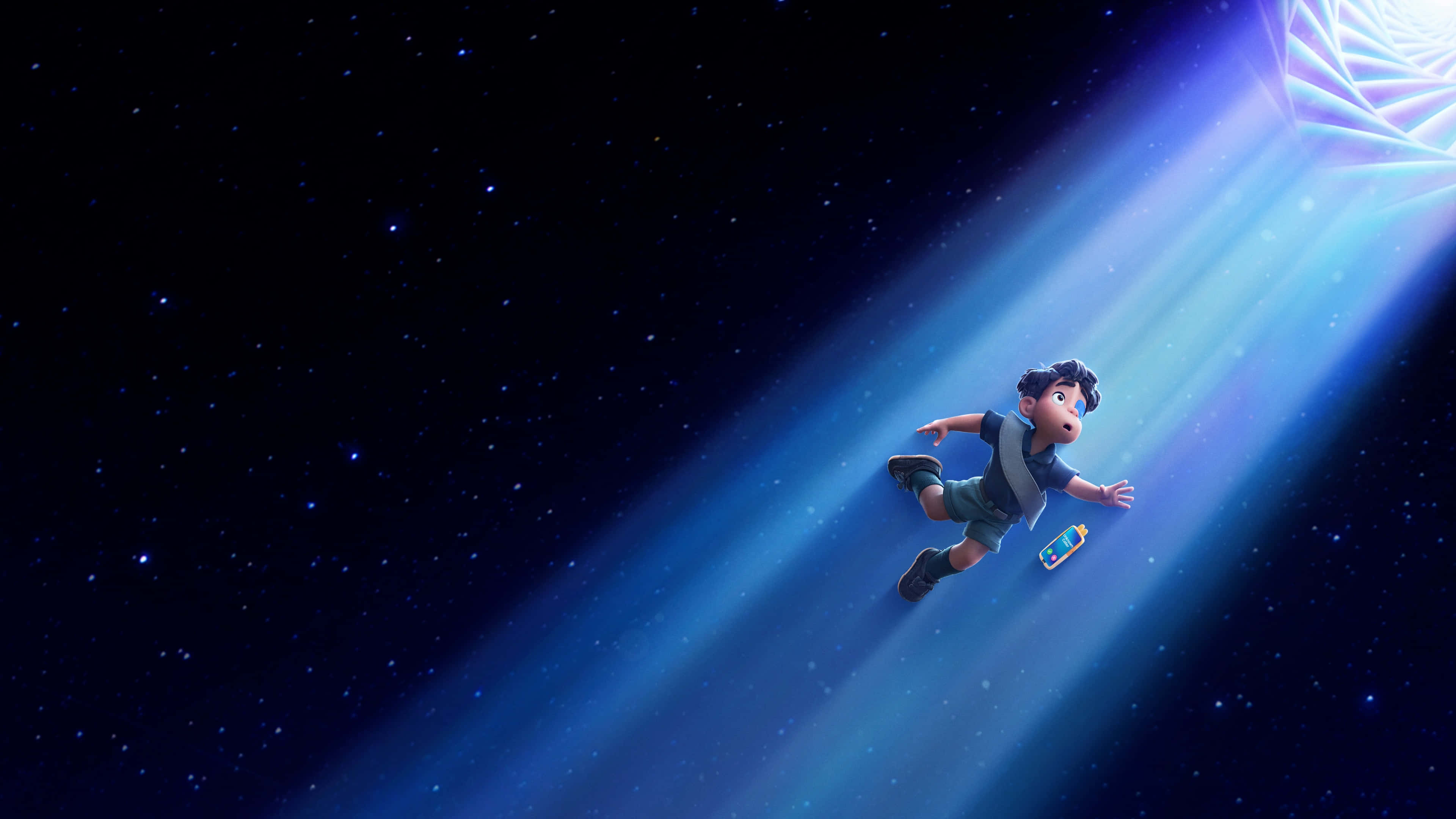 young boy, starry space, glowing blue geometric portal, 4K Desktop Wallpaper