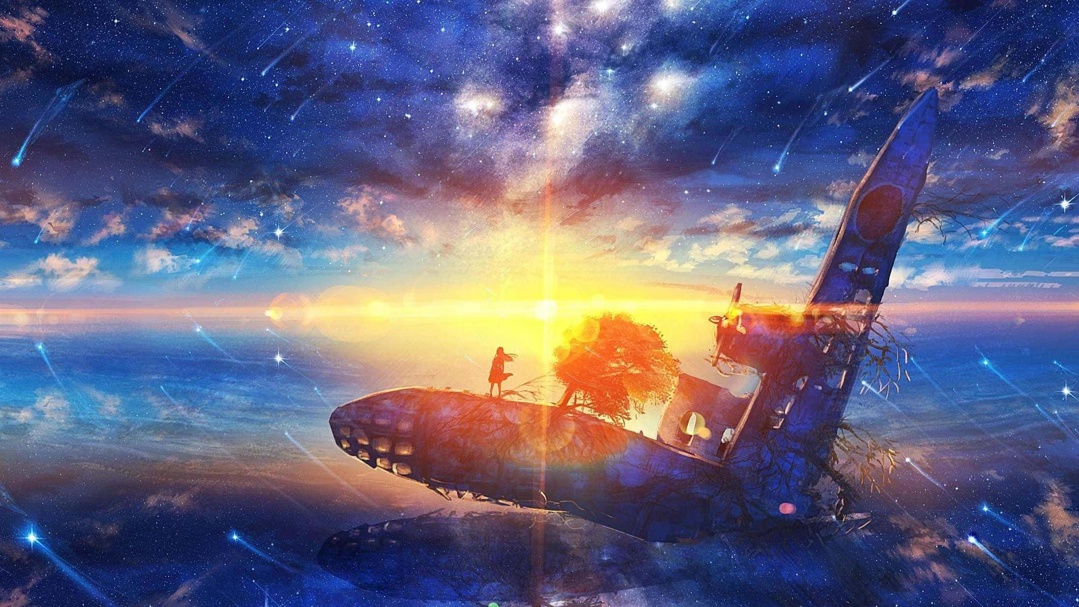 anime galaxy space adventure, lone figure, weathered airplane, Full HD Desktop Wallpaper