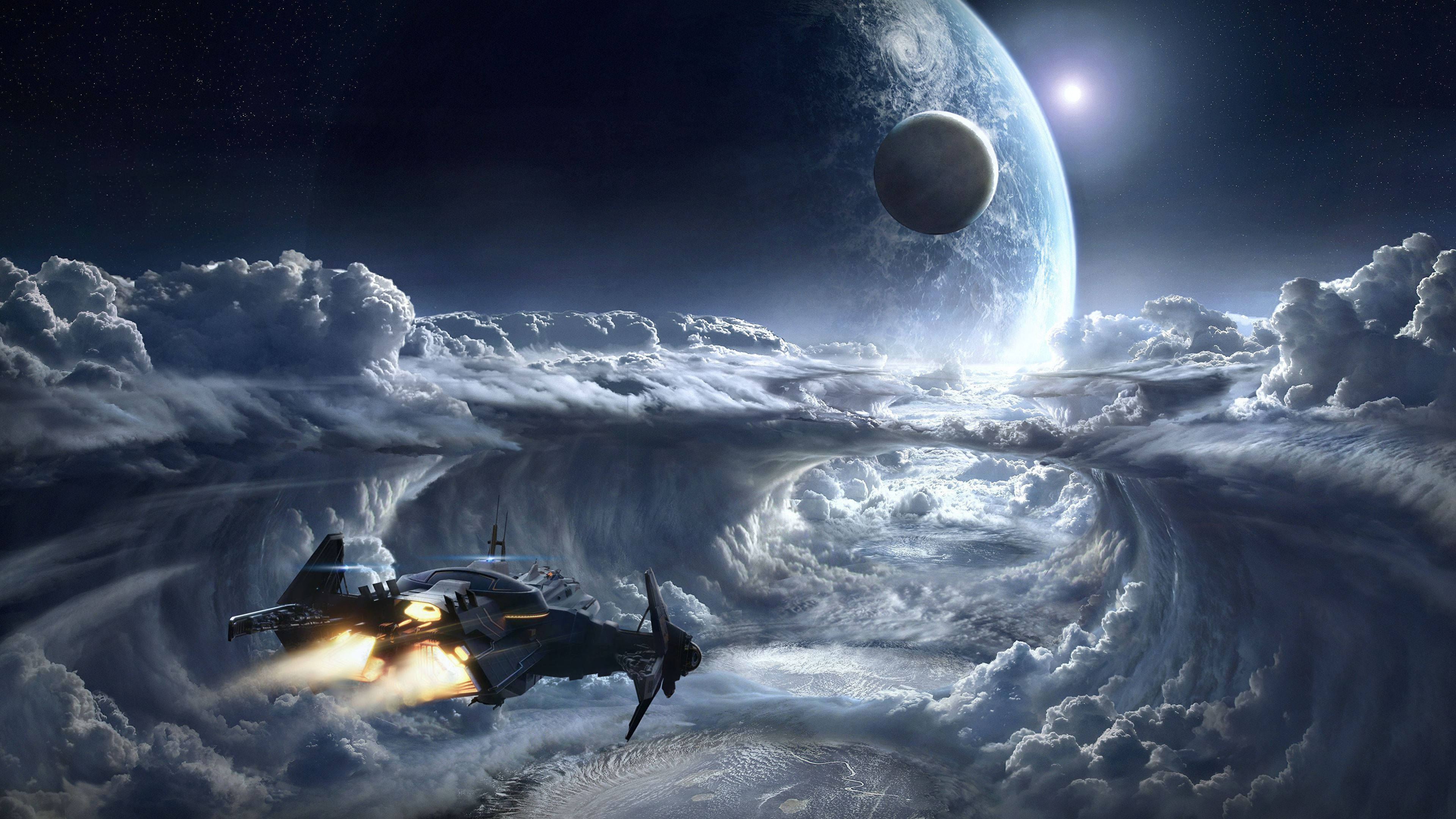 futuristic fighter jet, massive blue planet, moon, 4K Desktop Wallpaper