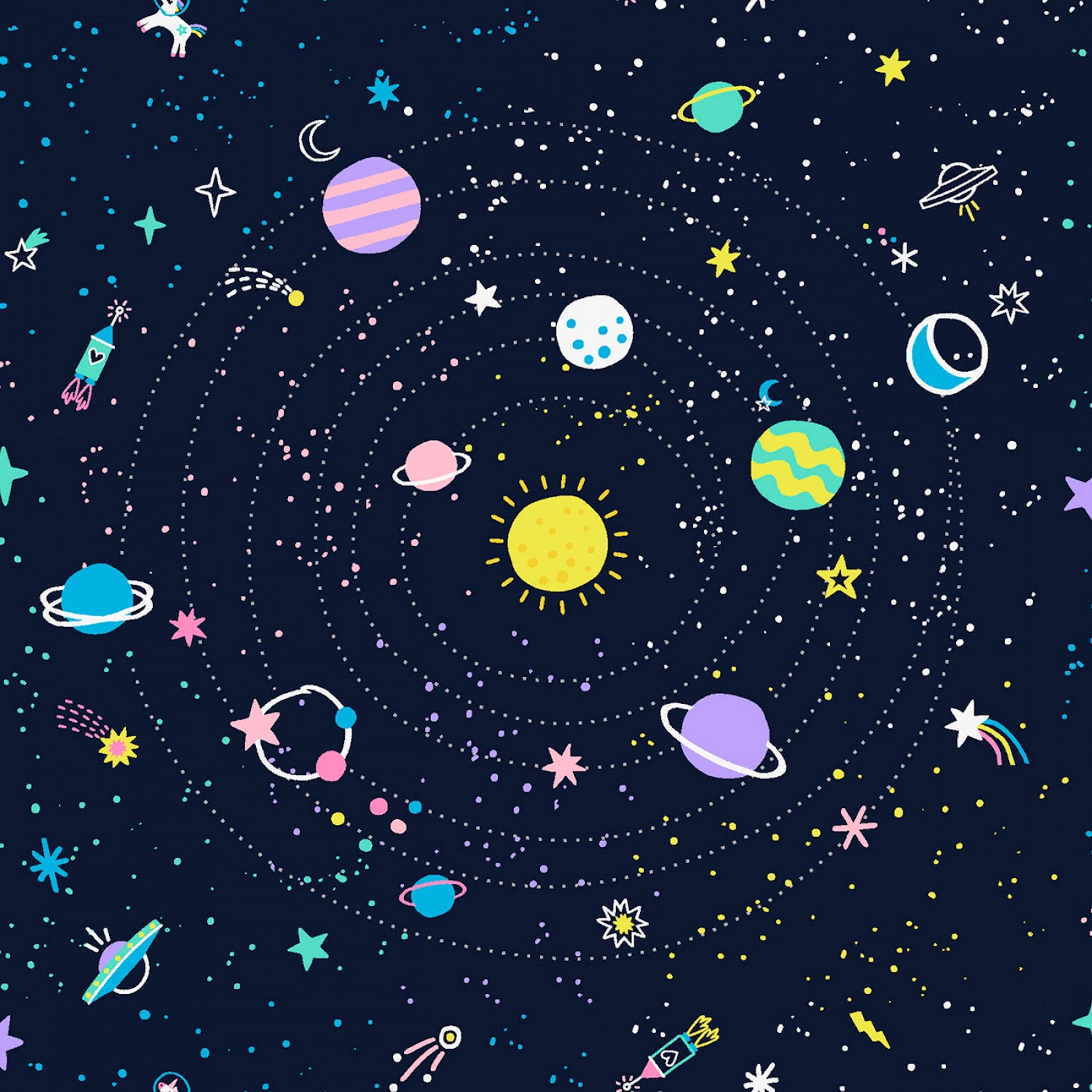 whimsical cartoon solar system, colorful planets, rockets, 2K Desktop Wallpaper