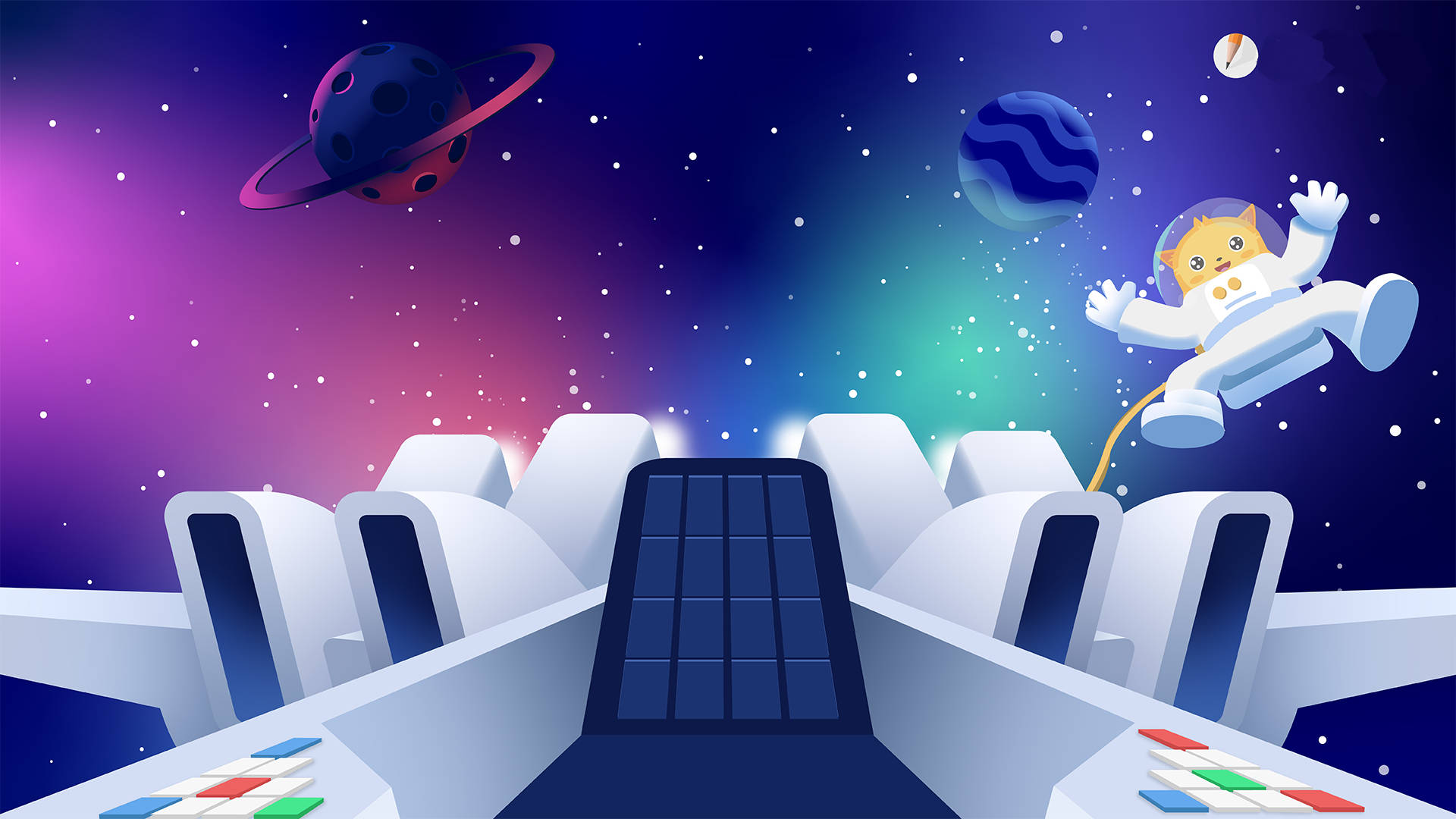 cartoon cat astronaut, vibrant cosmic scene, colorful planets, Full HD Desktop Wallpaper