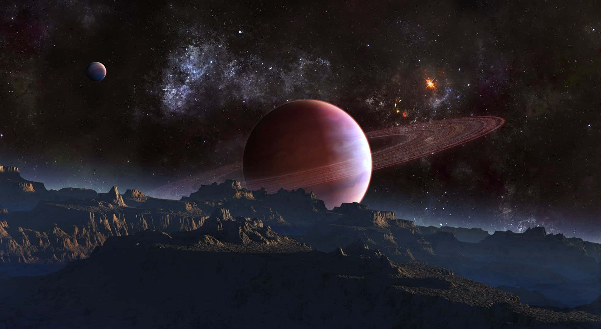 fantasy space, ringed planet, rugged alien mountain range, HD Desktop Wallpaper