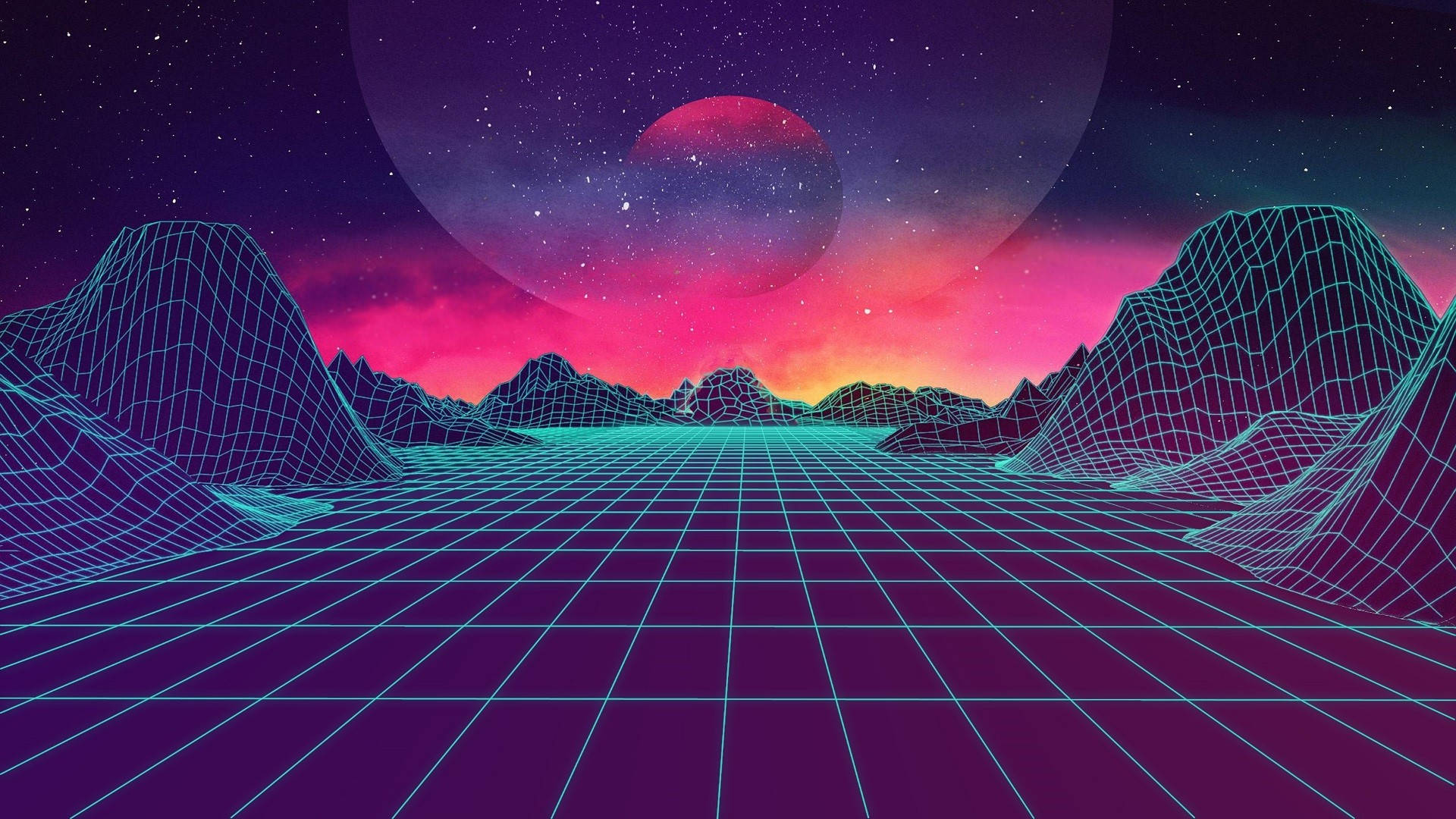 retro space, neon grid terrain, glowing mountains, Full HD Desktop Wallpaper