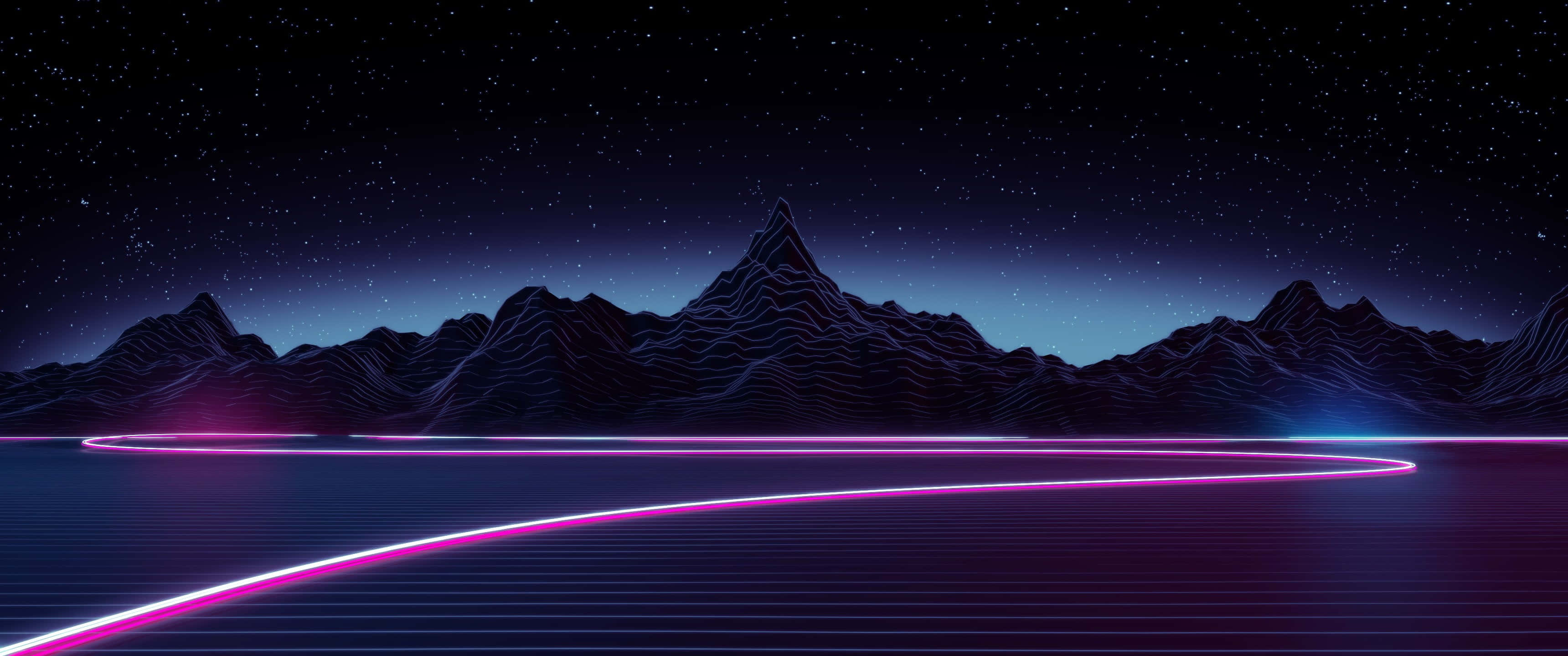 retrofuturistic, neon lines, grid-like water surface, 2K Desktop Wallpaper