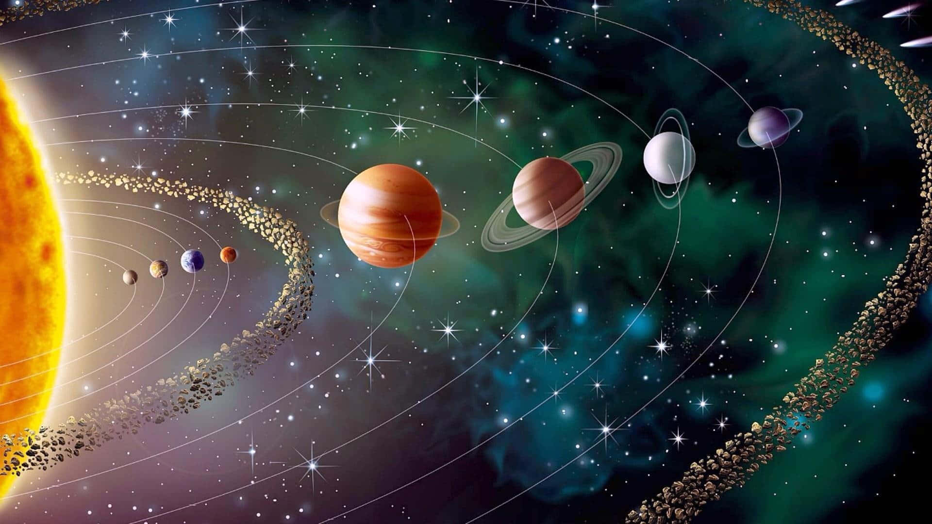 solar system, planets, glowing sun, Full HD Desktop Wallpaper
