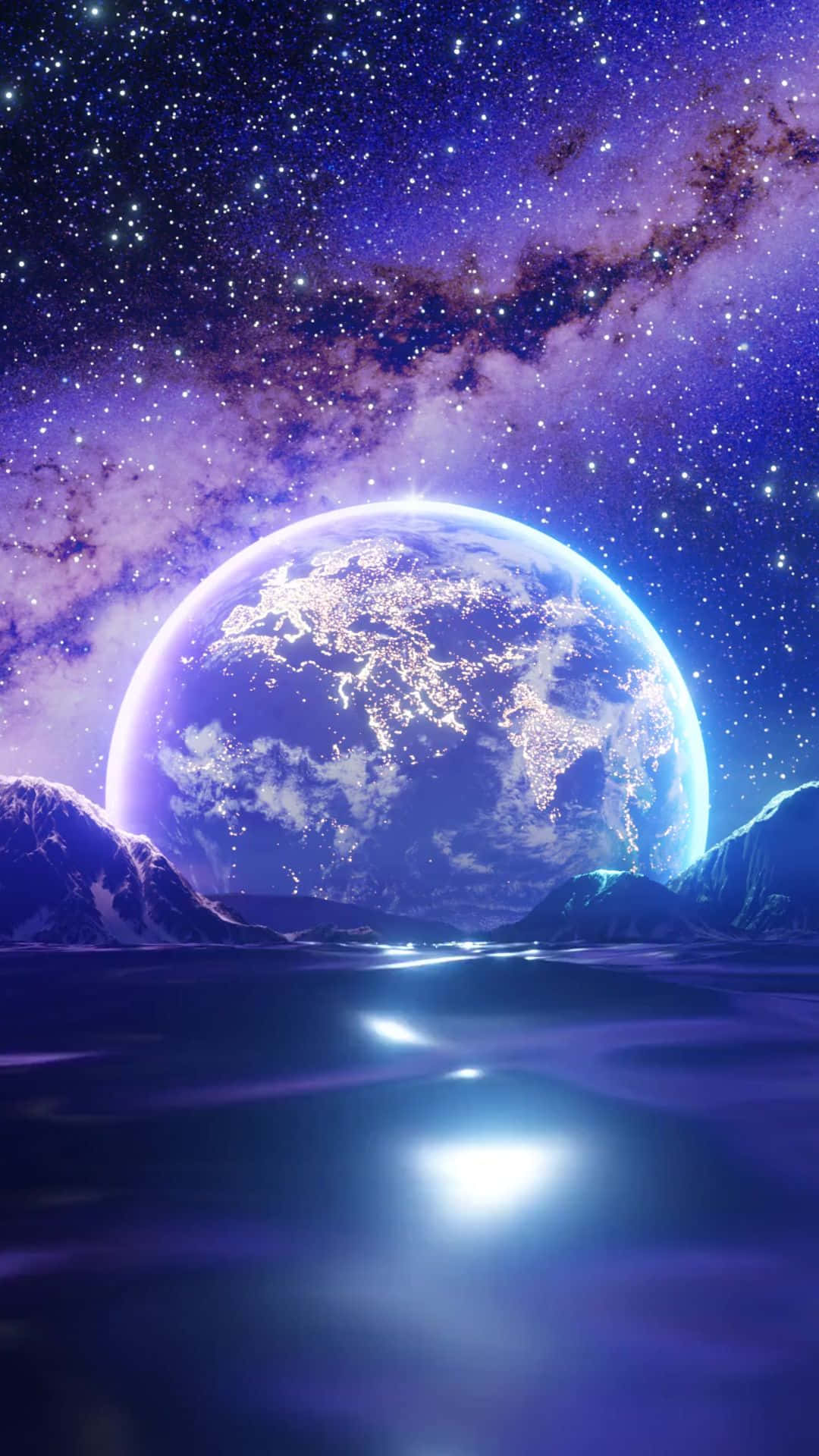 glowing blue planet, city lights, starry purple sky, Full HD Phone Wallpaper