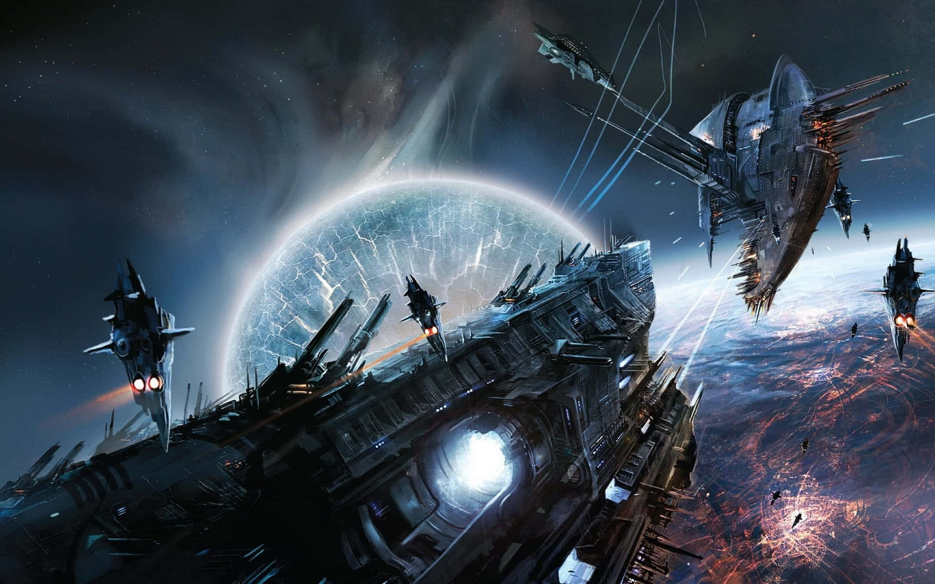 epic space battle artwork, futuristic warships, glowing planet, Full HD Desktop Wallpaper