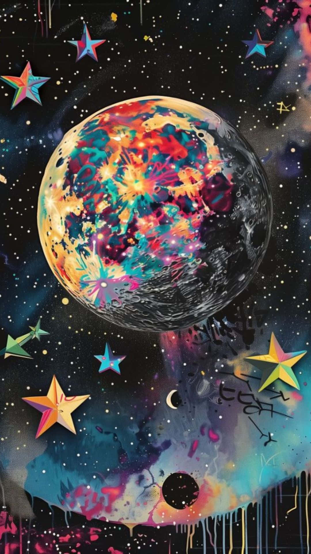 whimsigoth, psychedelic moon, rainbow colors, Full HD Phone Wallpaper