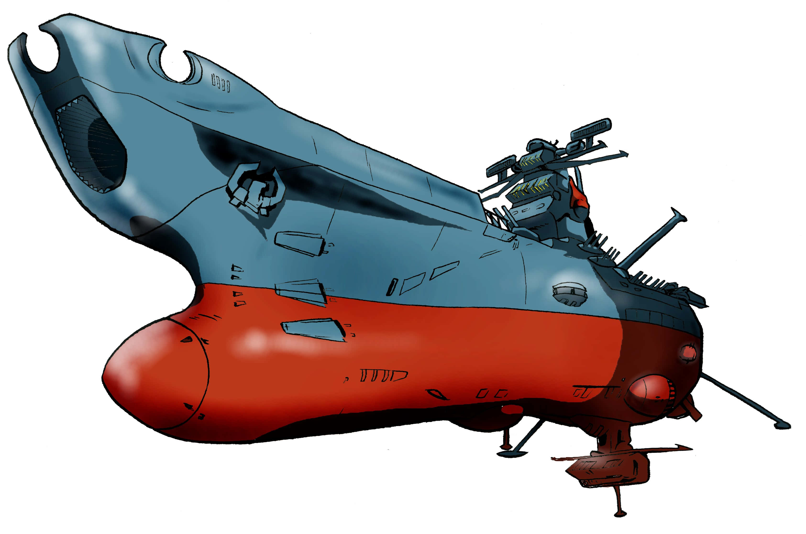 Space Battleship Yamato, red lower hull, blue upper section, 2K Desktop Wallpaper