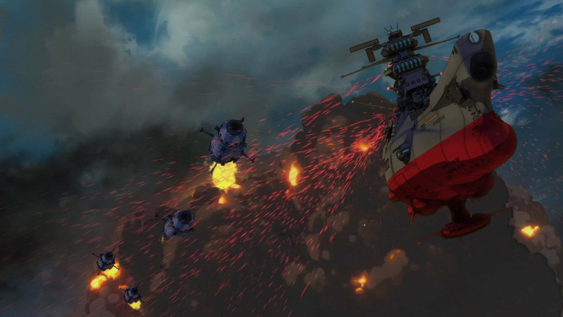 Space Battleship Yamato, red and white spaceship, fiery explosions, Full HD Desktop Wallpaper
