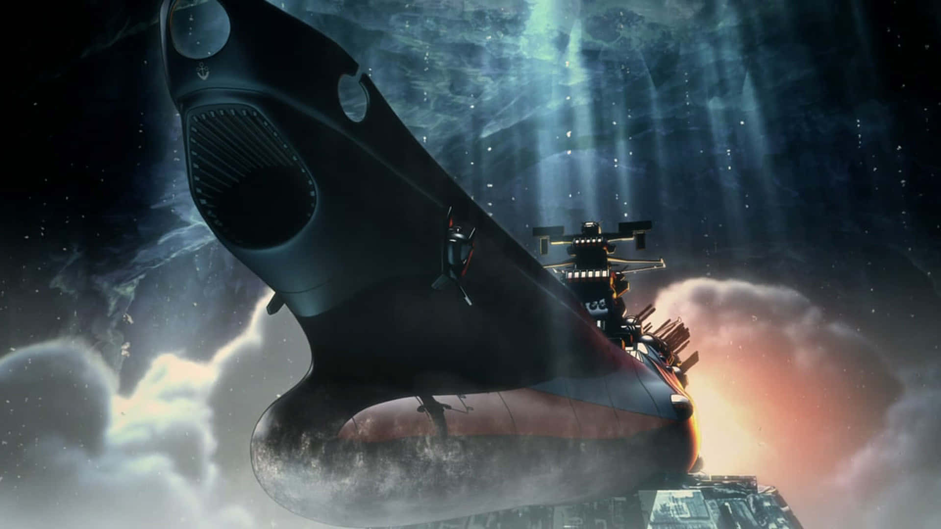 Space Battleship Yamato, sleek black spaceship, glowing engines, Full HD Desktop Wallpaper