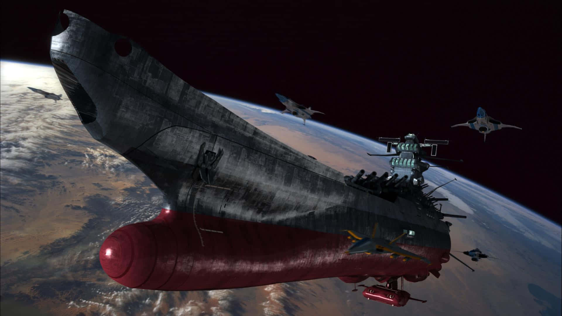 Space Battleship Yamato, red thrusters, Earth, Full HD Desktop Wallpaper