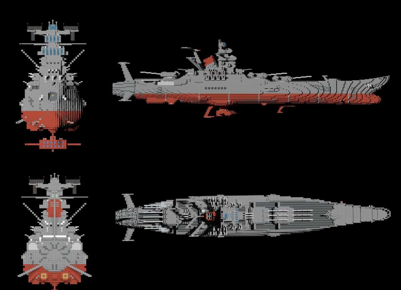 Space Battleship Yamato, gray and red, four views, HD Desktop Wallpaper