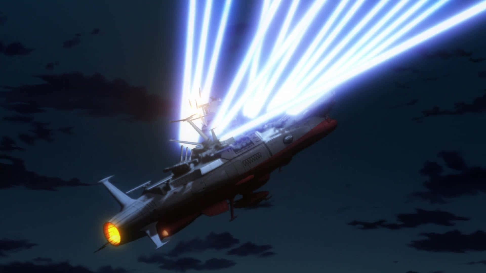Space Battleship Yamato, futuristic warship, bright blue energy beams, Full HD Desktop Wallpaper
