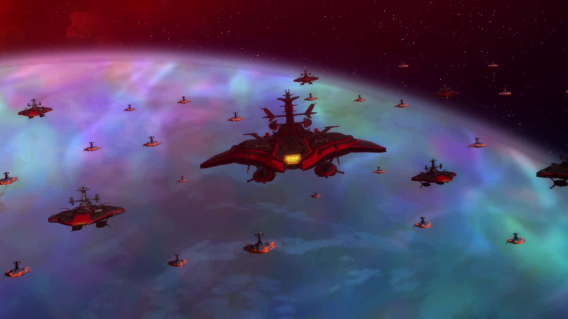 Space Battleship Yamato, red futuristic spaceships, planet with glowing purple and blue atmospheric bands, Full HD Desktop Wallpaper