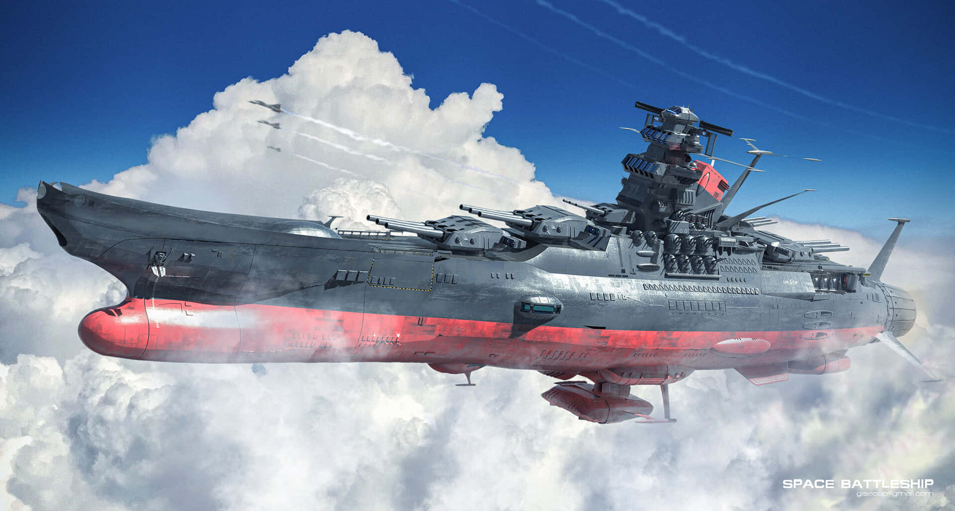 Space Battleship Yamato, red underbelly, fluffy white clouds, Full HD Desktop Wallpaper