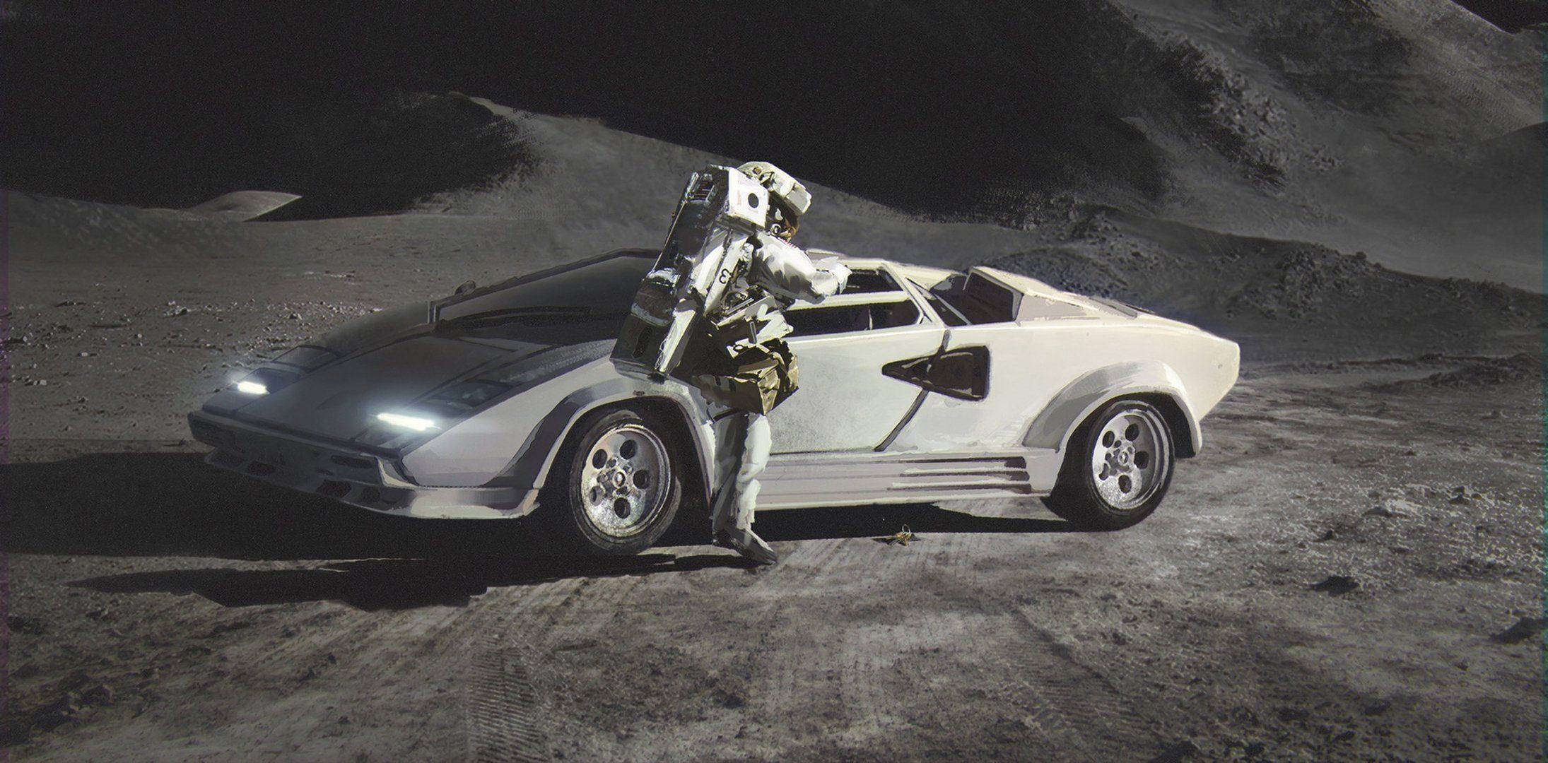spaceman, sleek white sports car, barren moon landscape, Full HD Desktop Wallpaper